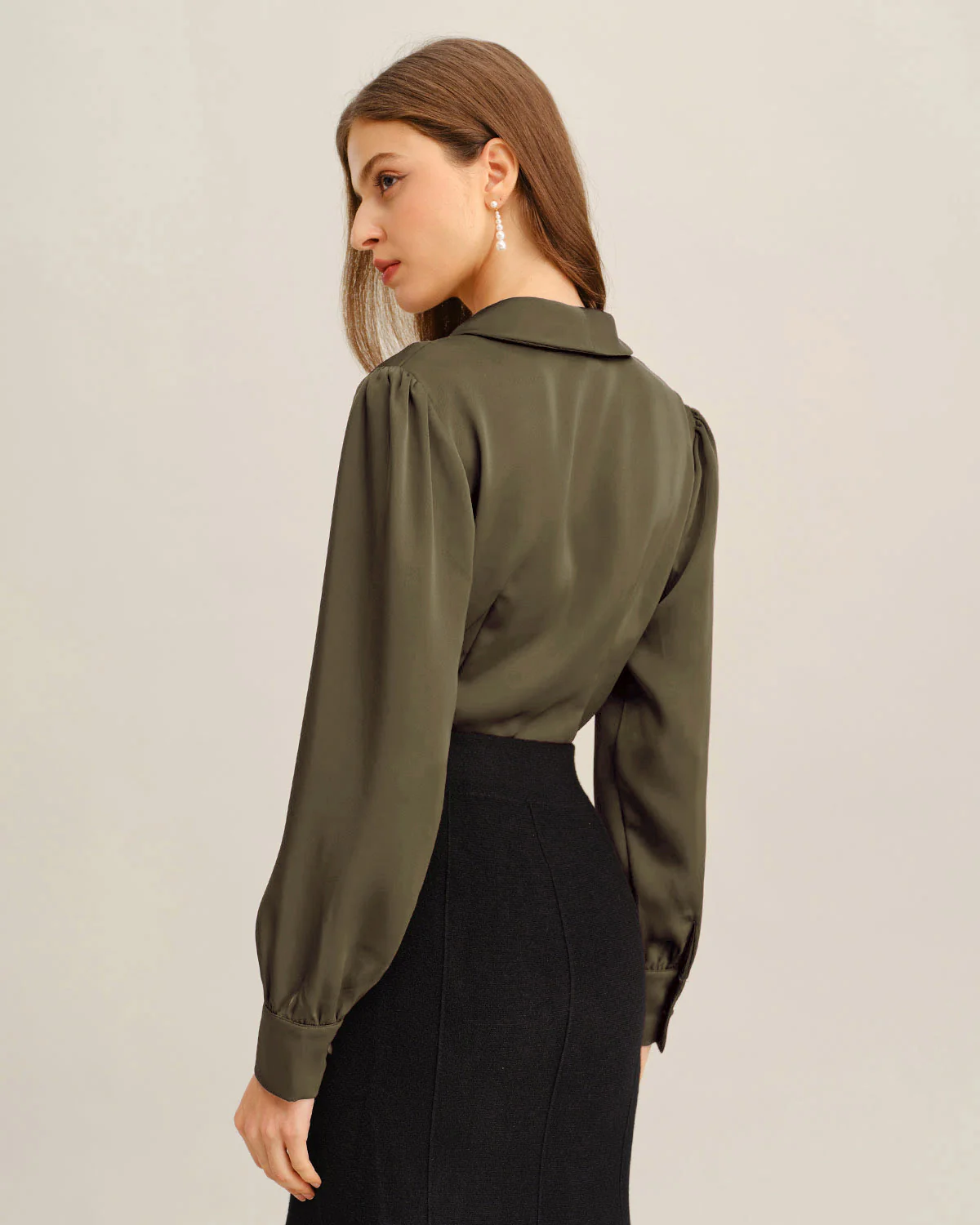Green Satin V-Neck Shirt