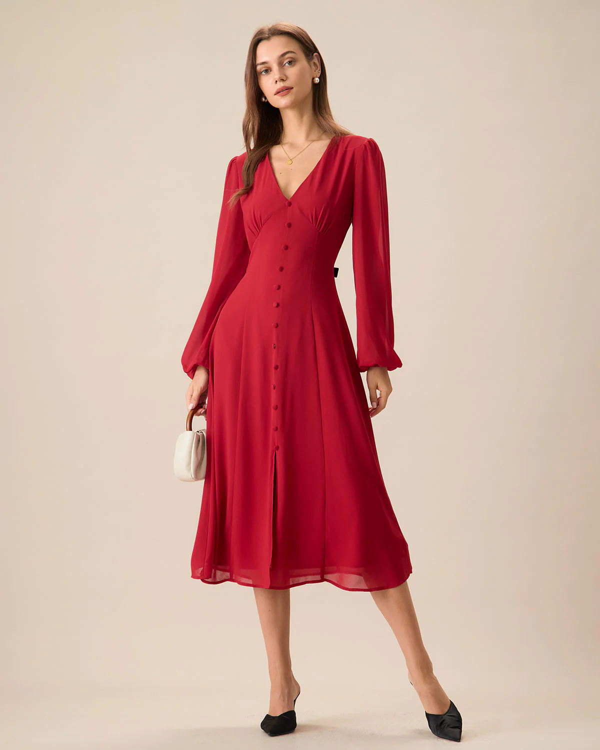 Women's Red V-Neck Puff Sleeve Slit Midi Dress