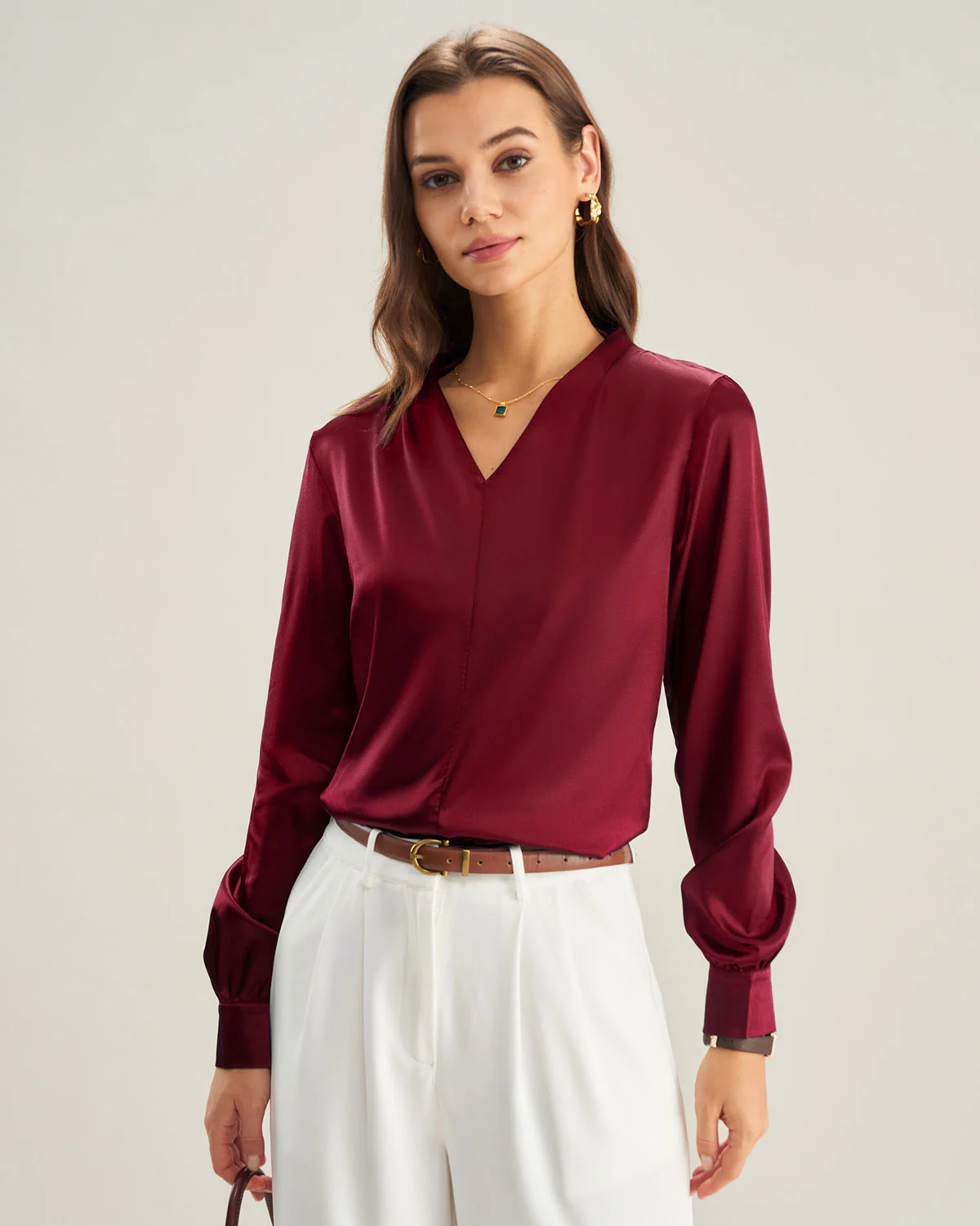 Wine Red Satin V Neck Shirt