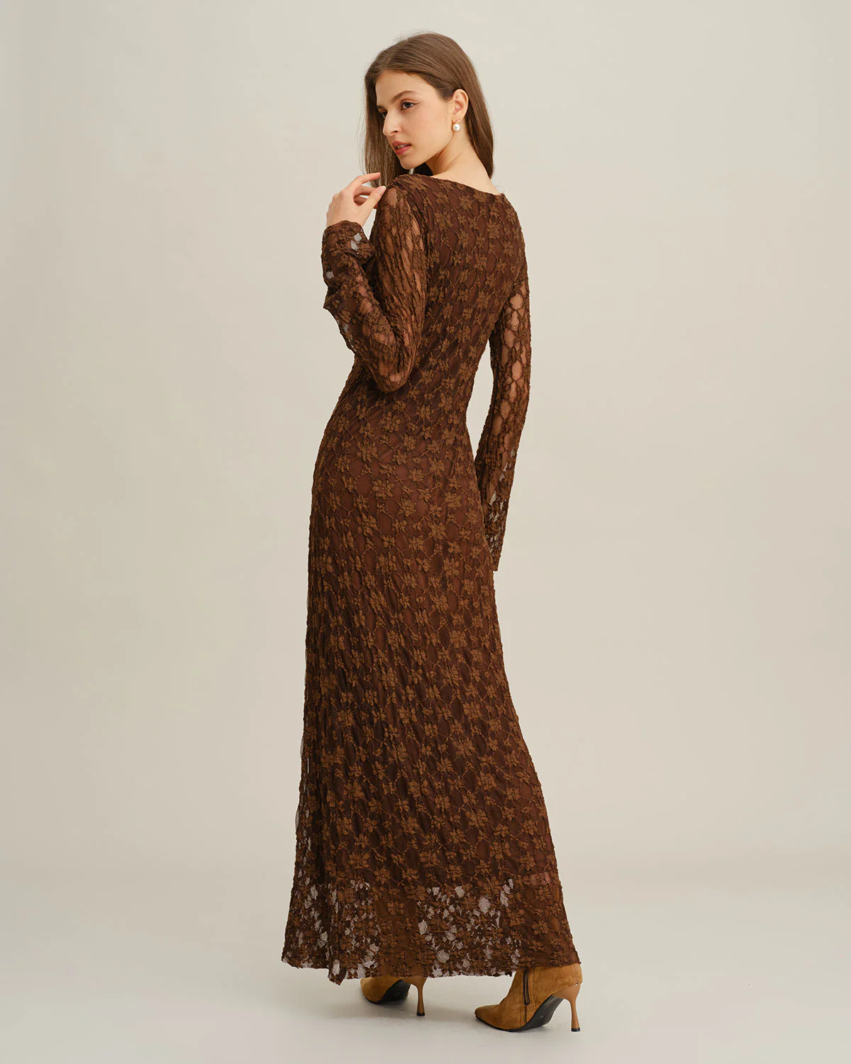 Brown Floral Bell Sleeve Maxi Dress