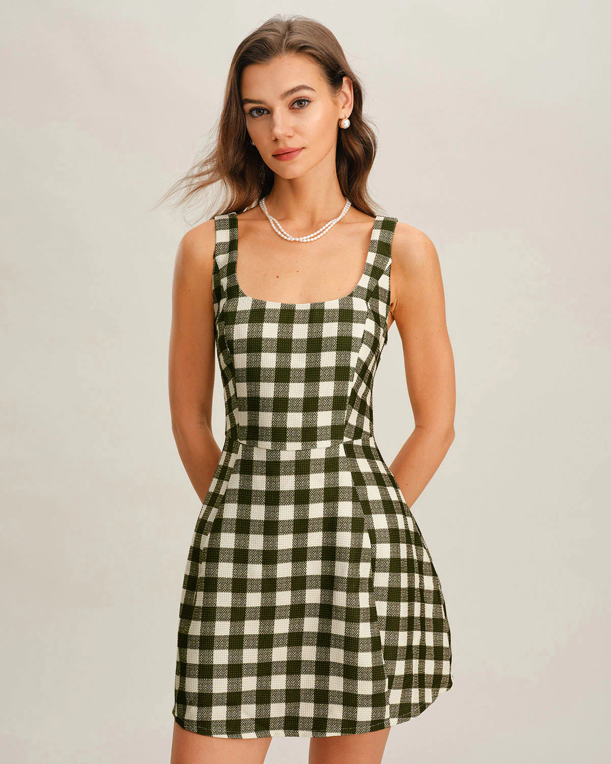 Green Plaid Sleeveless Mini Dress
