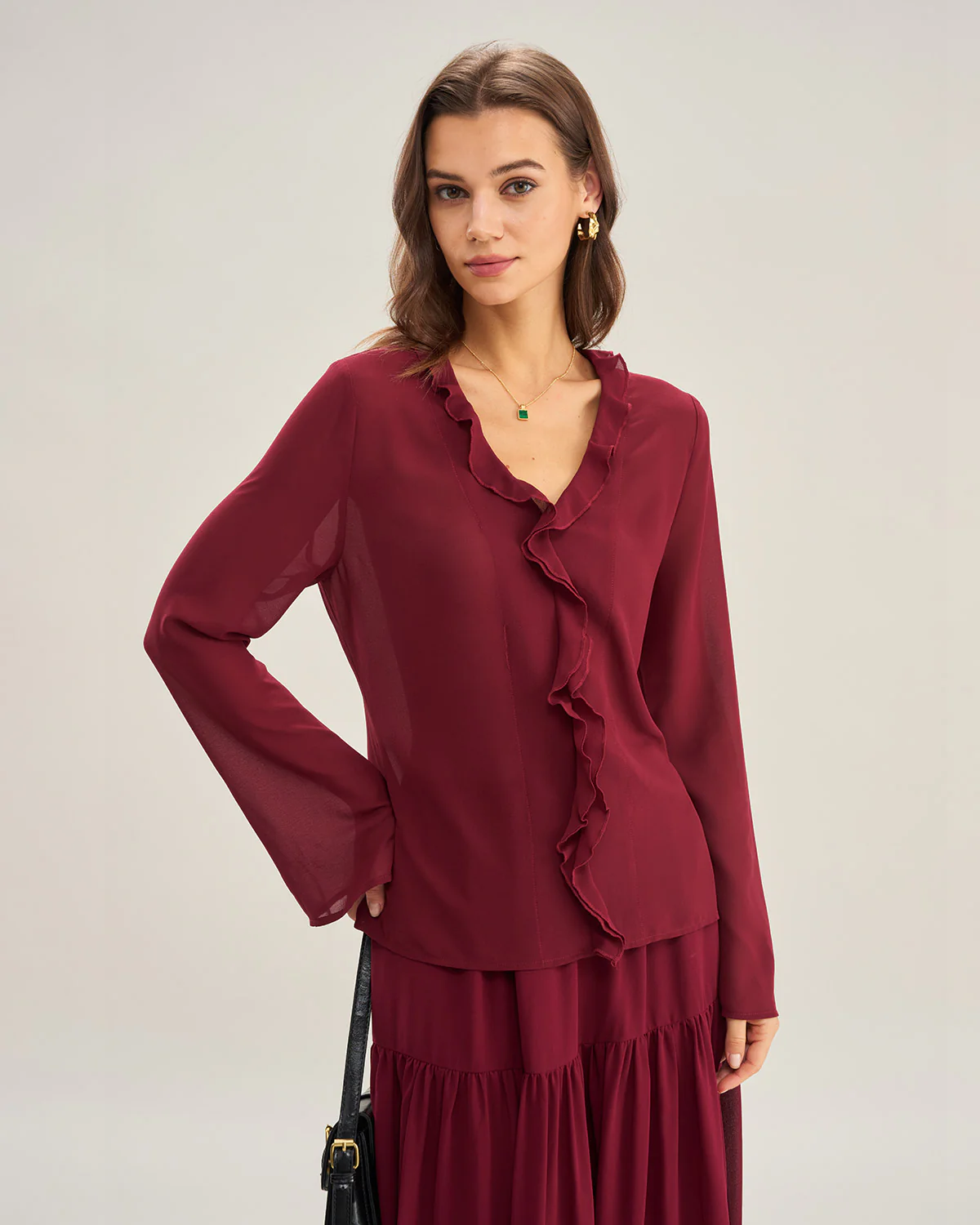 Wine Red Ruffle Chiffon Shirt