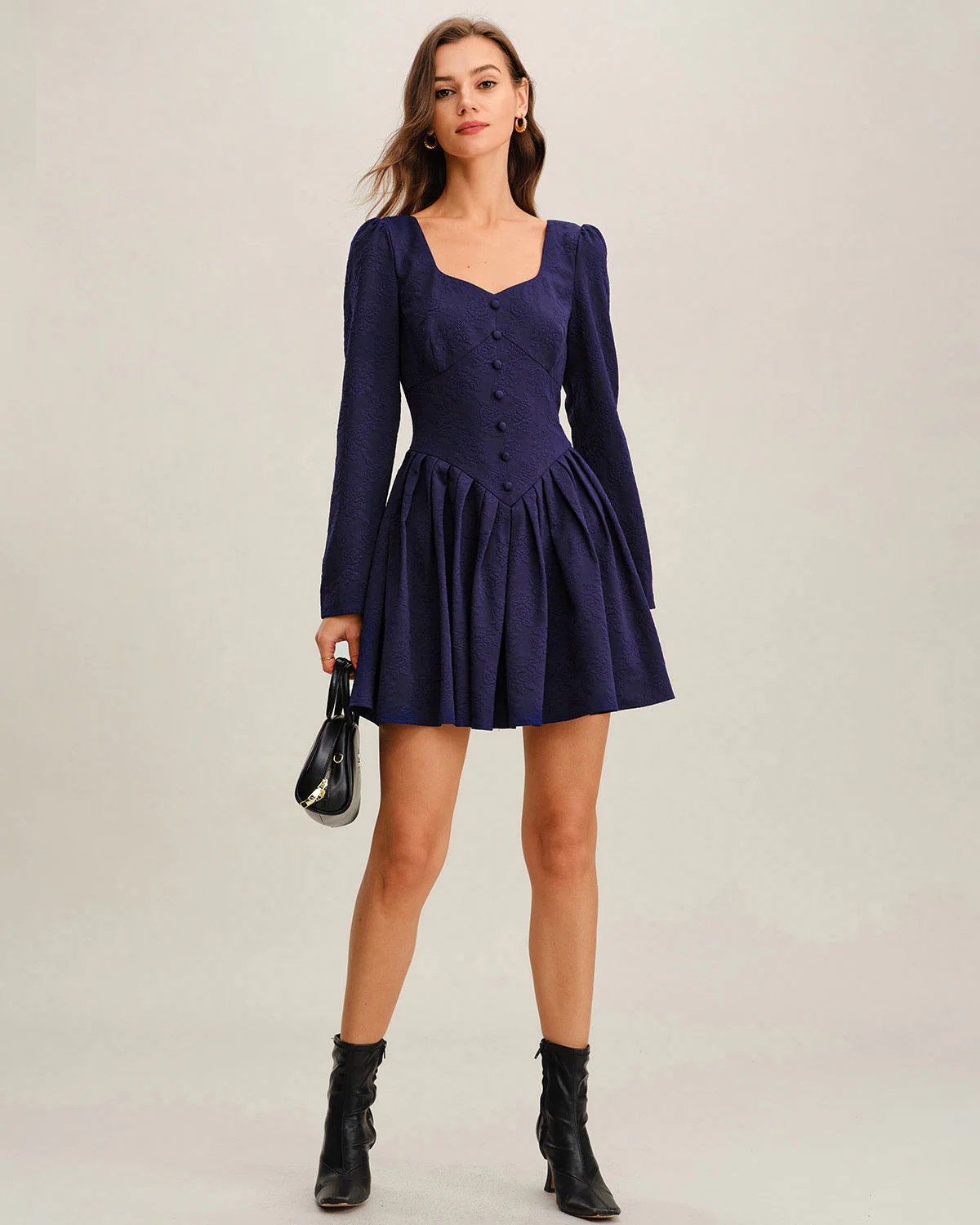 Navy V Neck Pleated Mini Dress