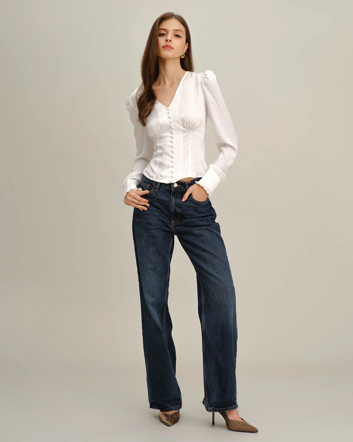 White Ruched V Neck Shirt