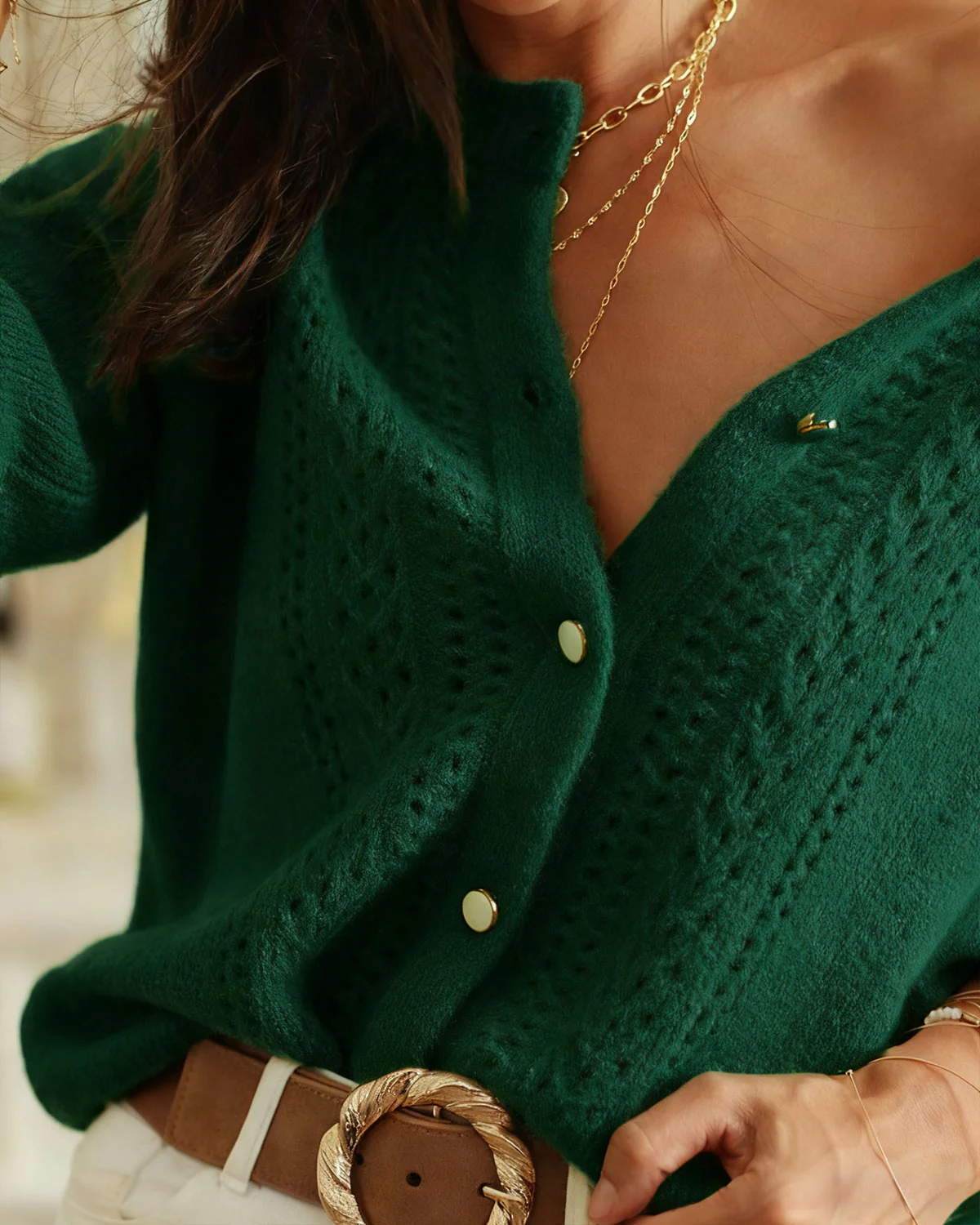 Green Round Neck Knit Cardigan