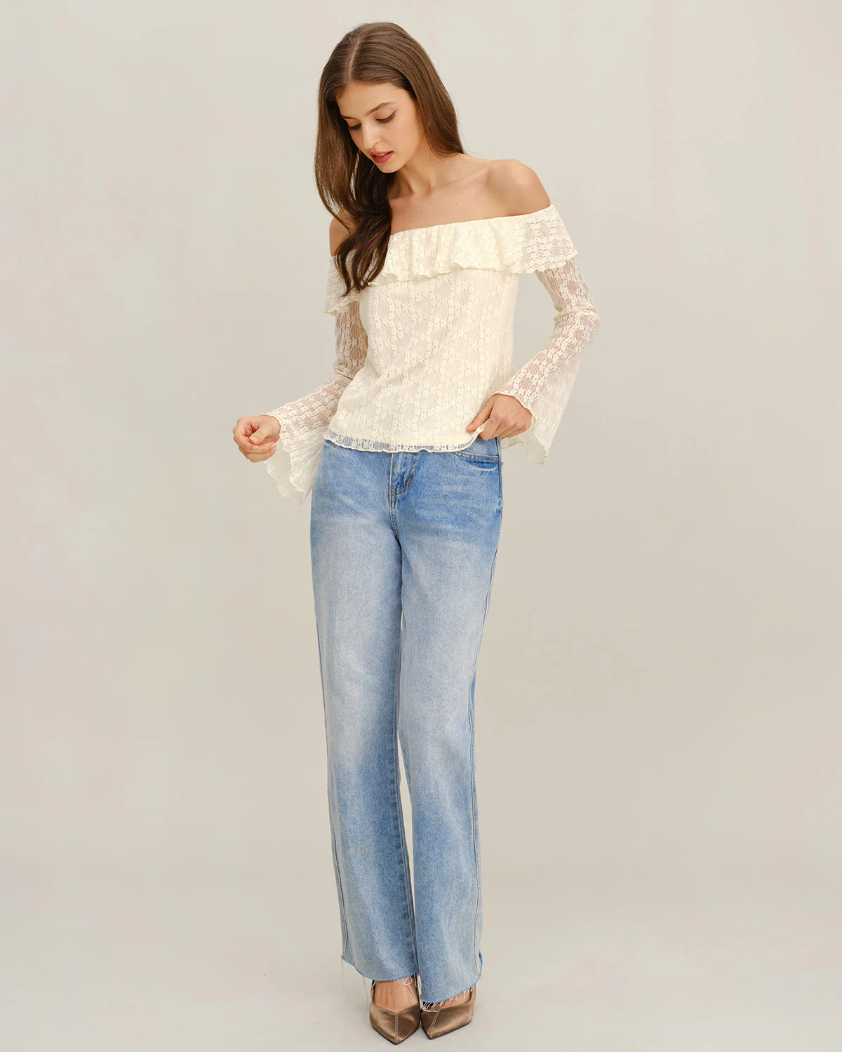 Apricot Lace Off The Shoulder Tee