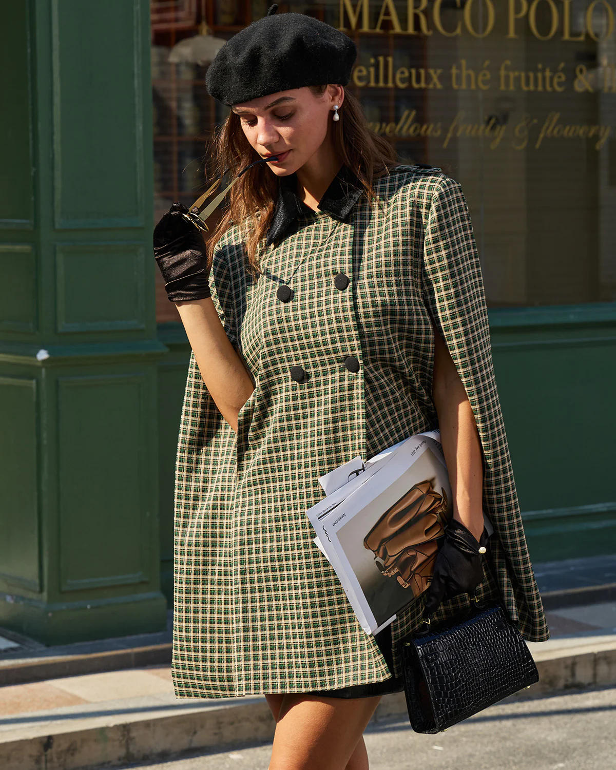 Green Plaid Cape Sleeve Coat