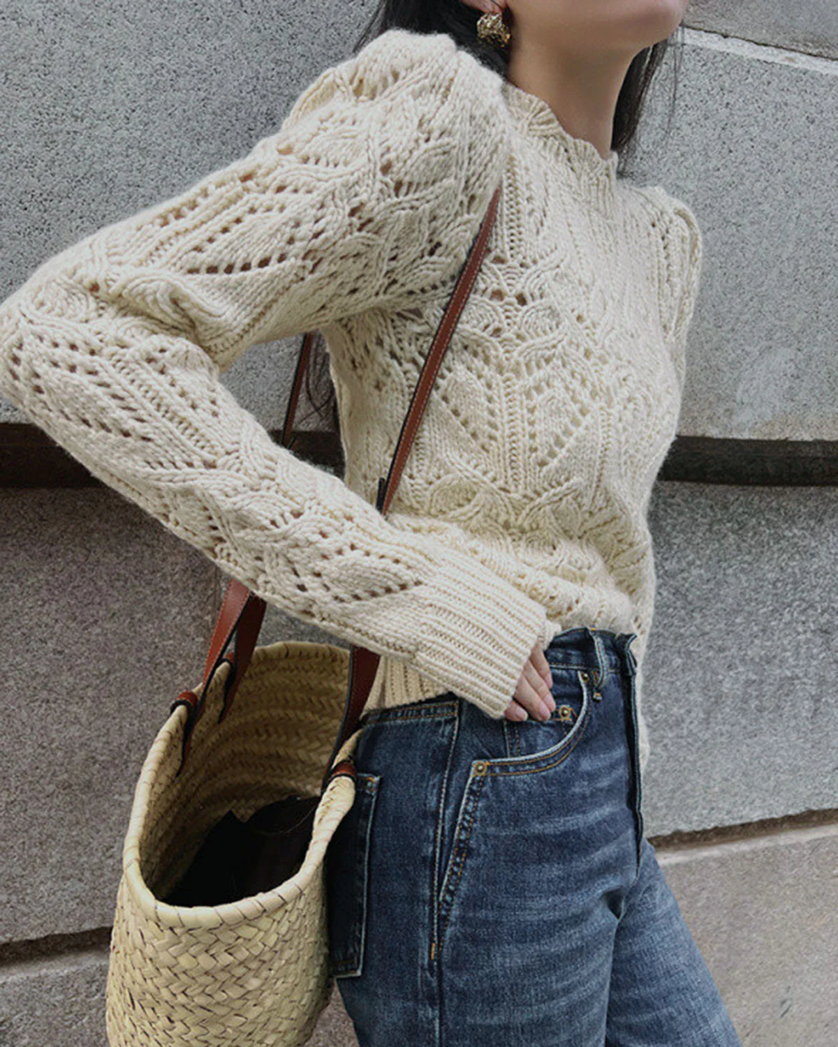White Round Neck Cut Out Sweater