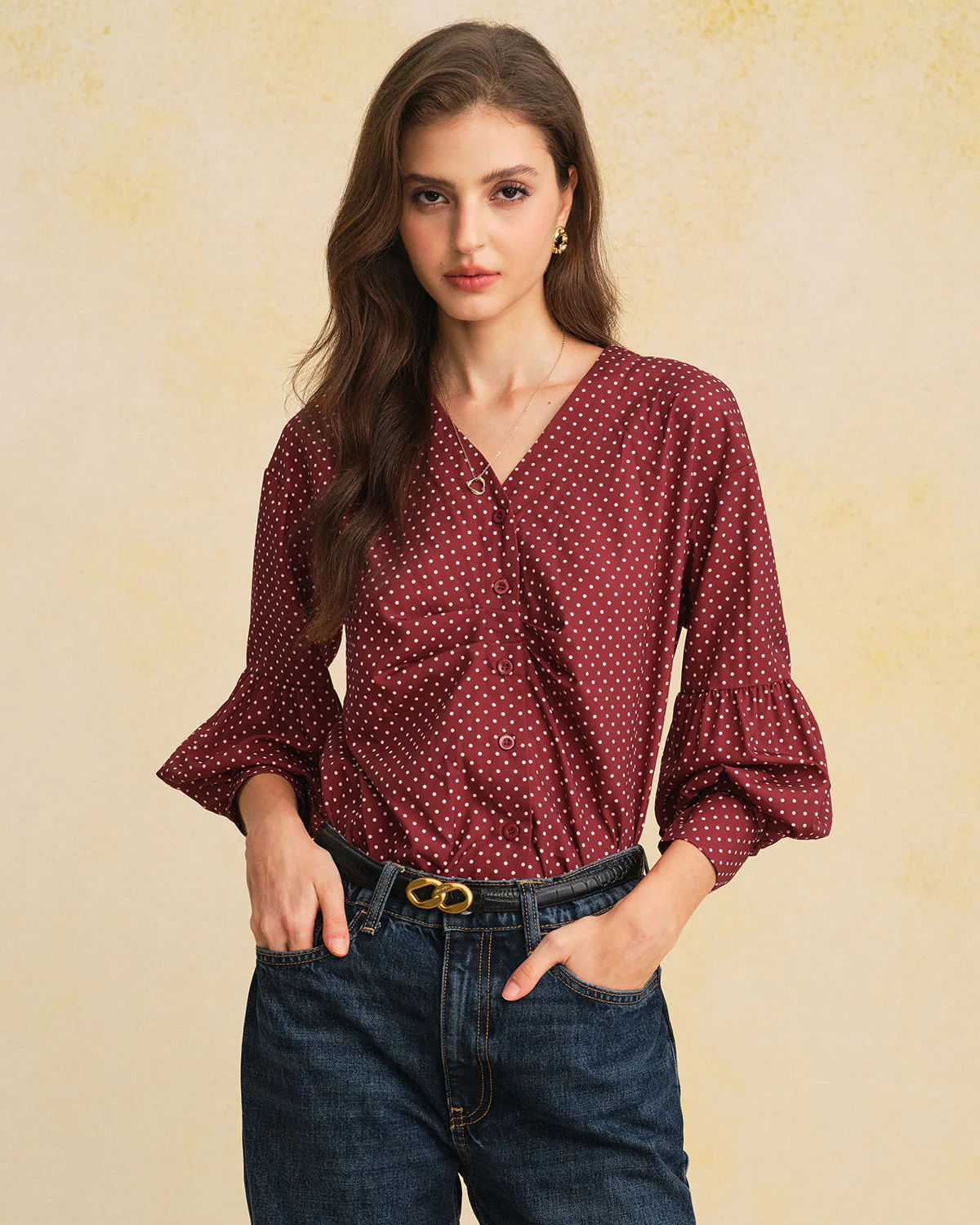 Red V Neck Polka Dot Blouse