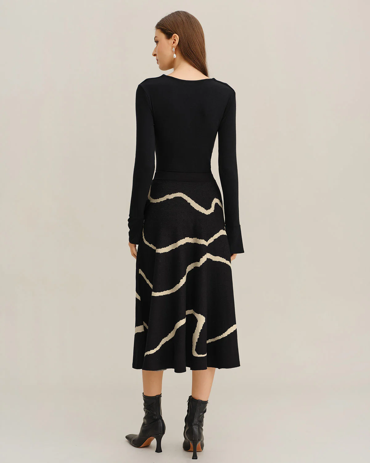 Black Geometric Elastic Waist Midi Skirt