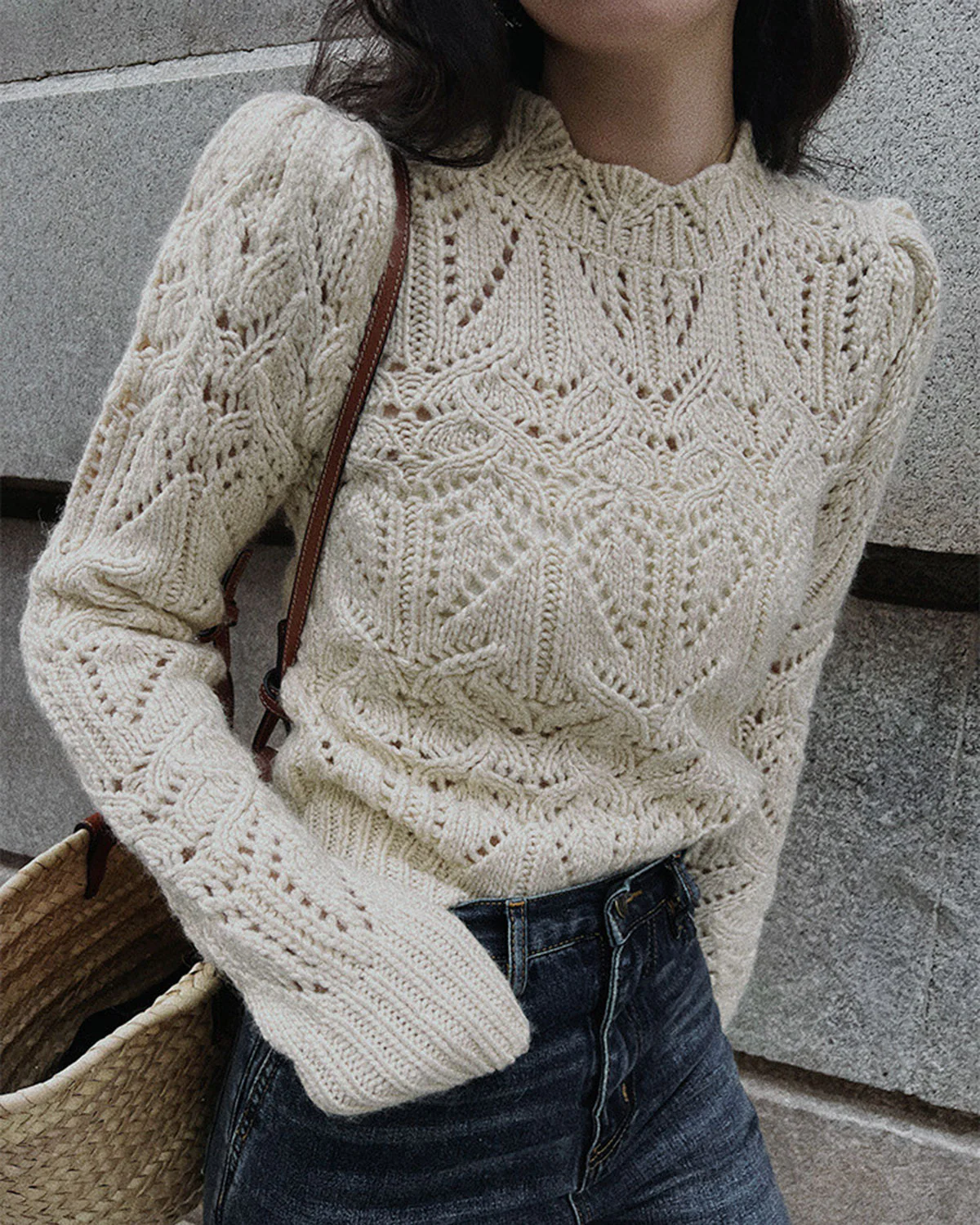 White Round Neck Cut Out Sweater