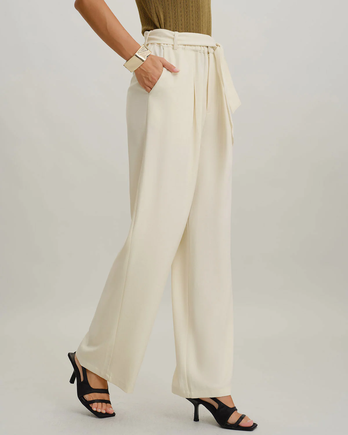 Beige High Waisted Belt Straight Pants