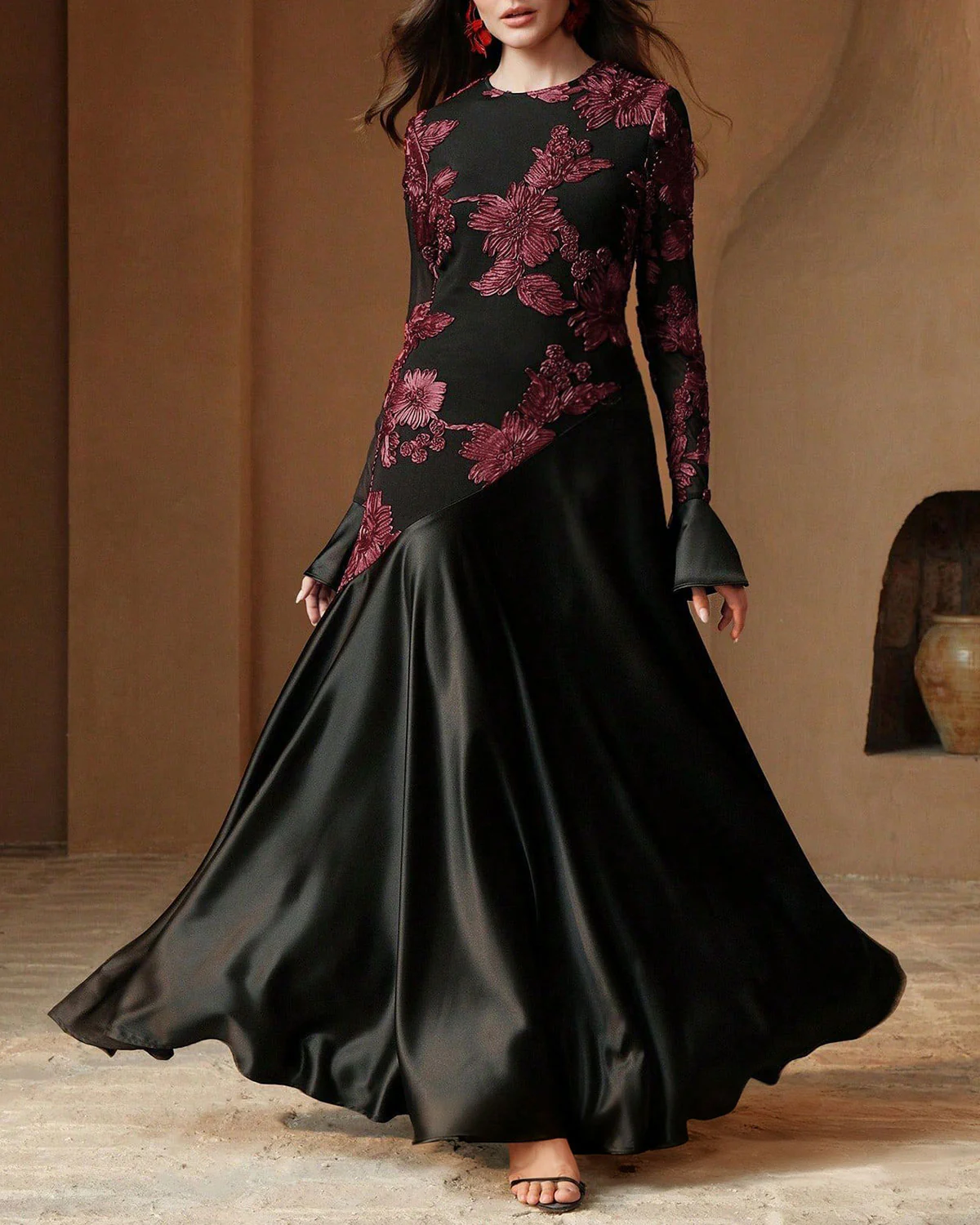 Black Floral Bell Sleeve Maxi Dress