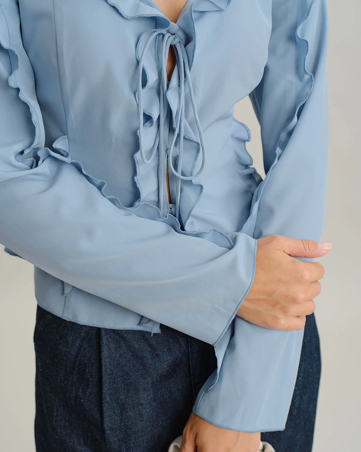 Blue Ruffle V Neck Button Blouse