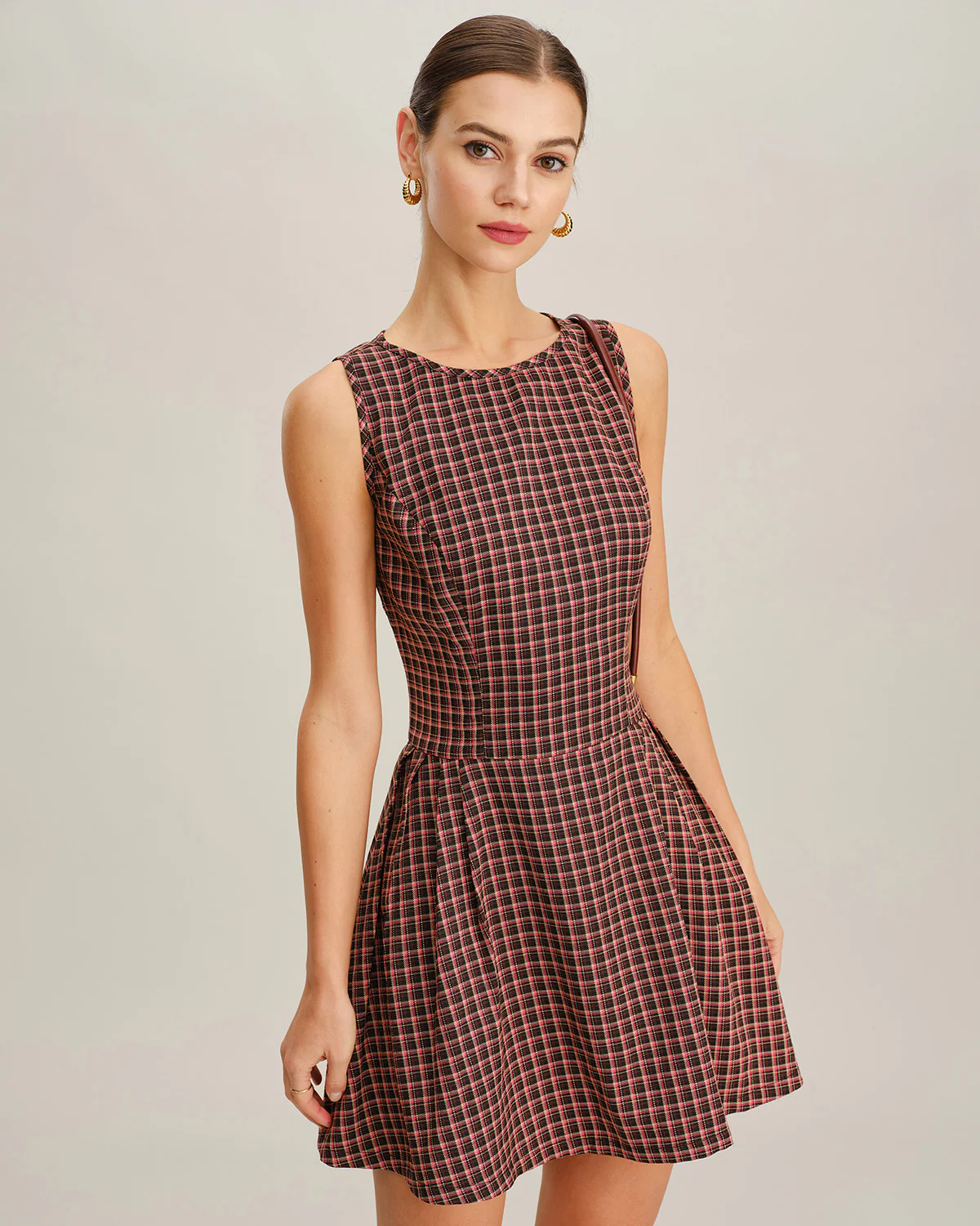 Red Plaid Boat Neck Sleeveless Mini Dress