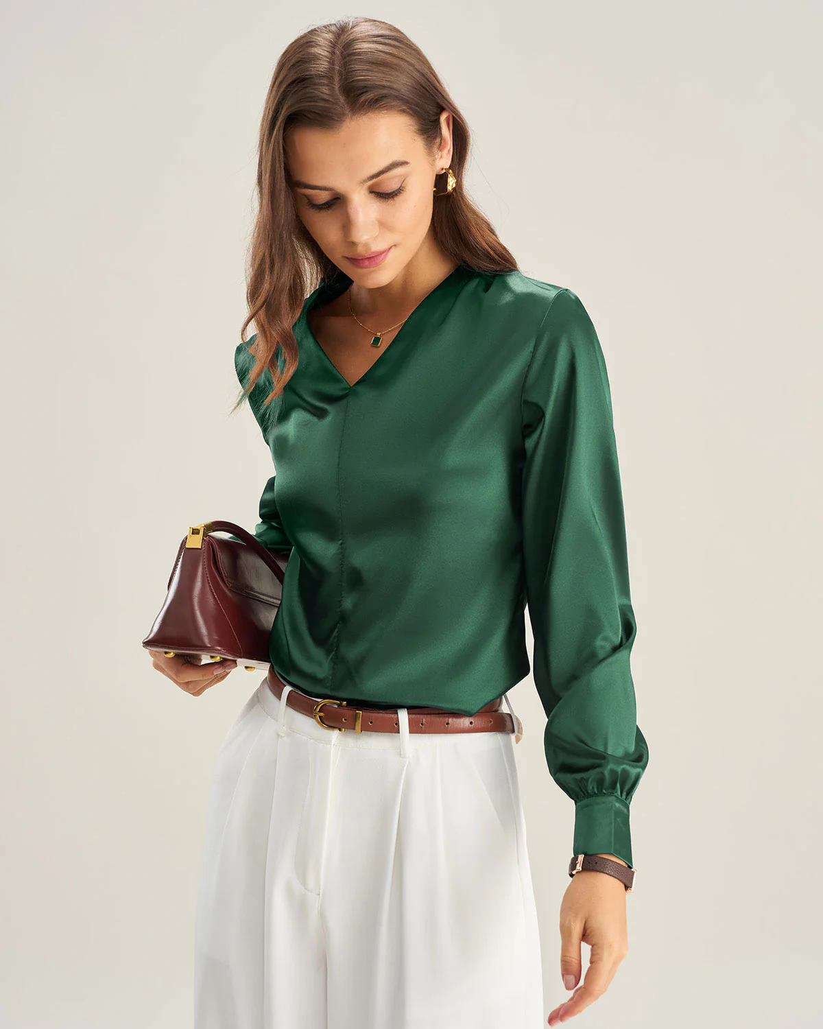 Green Satin V Neck Shirt