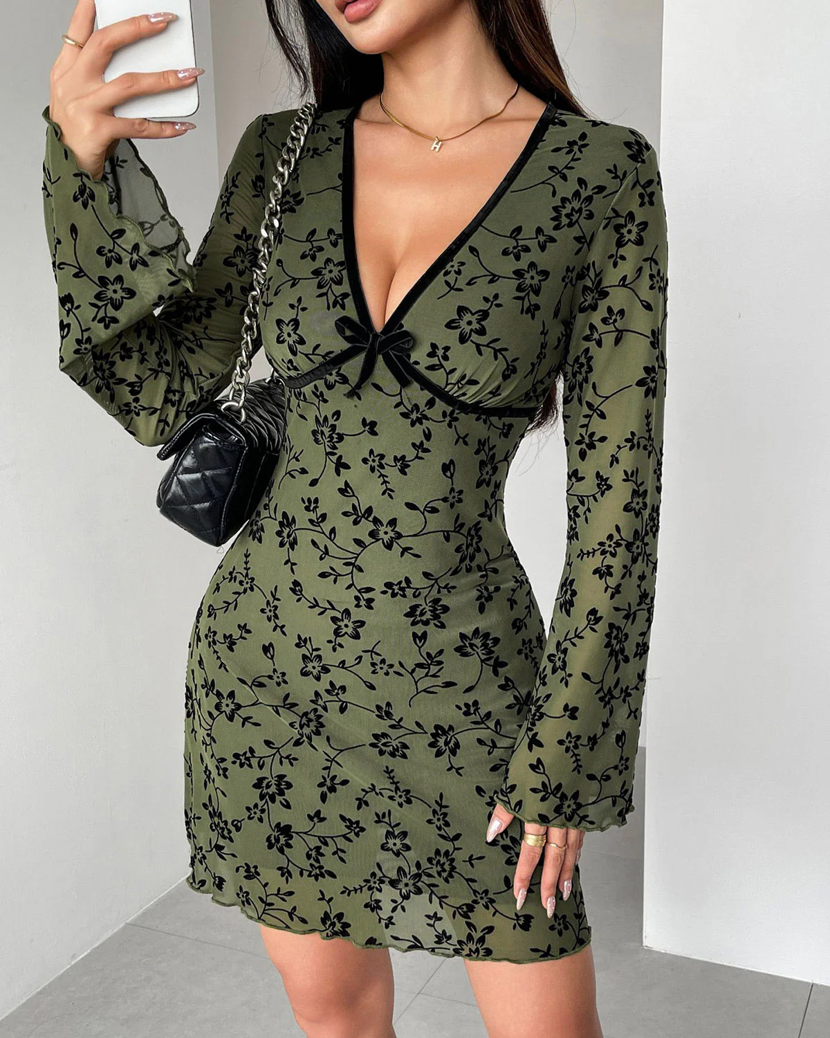 Green Floral V Neck Mini Dress