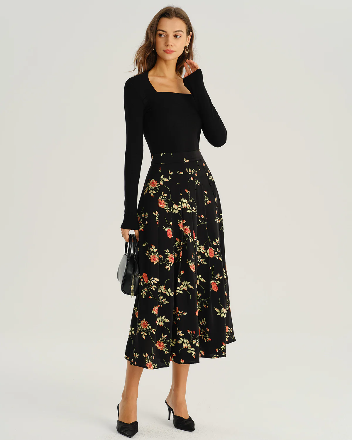 Black Floral A-Line Midi Skirt