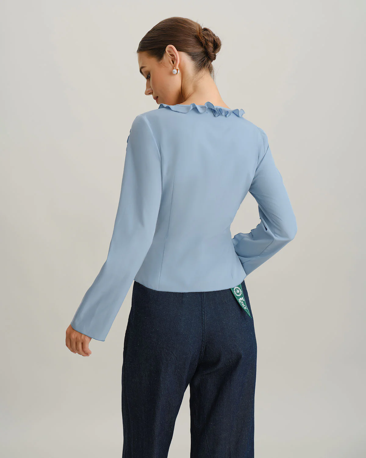 Blue Ruffle V Neck Button Blouse