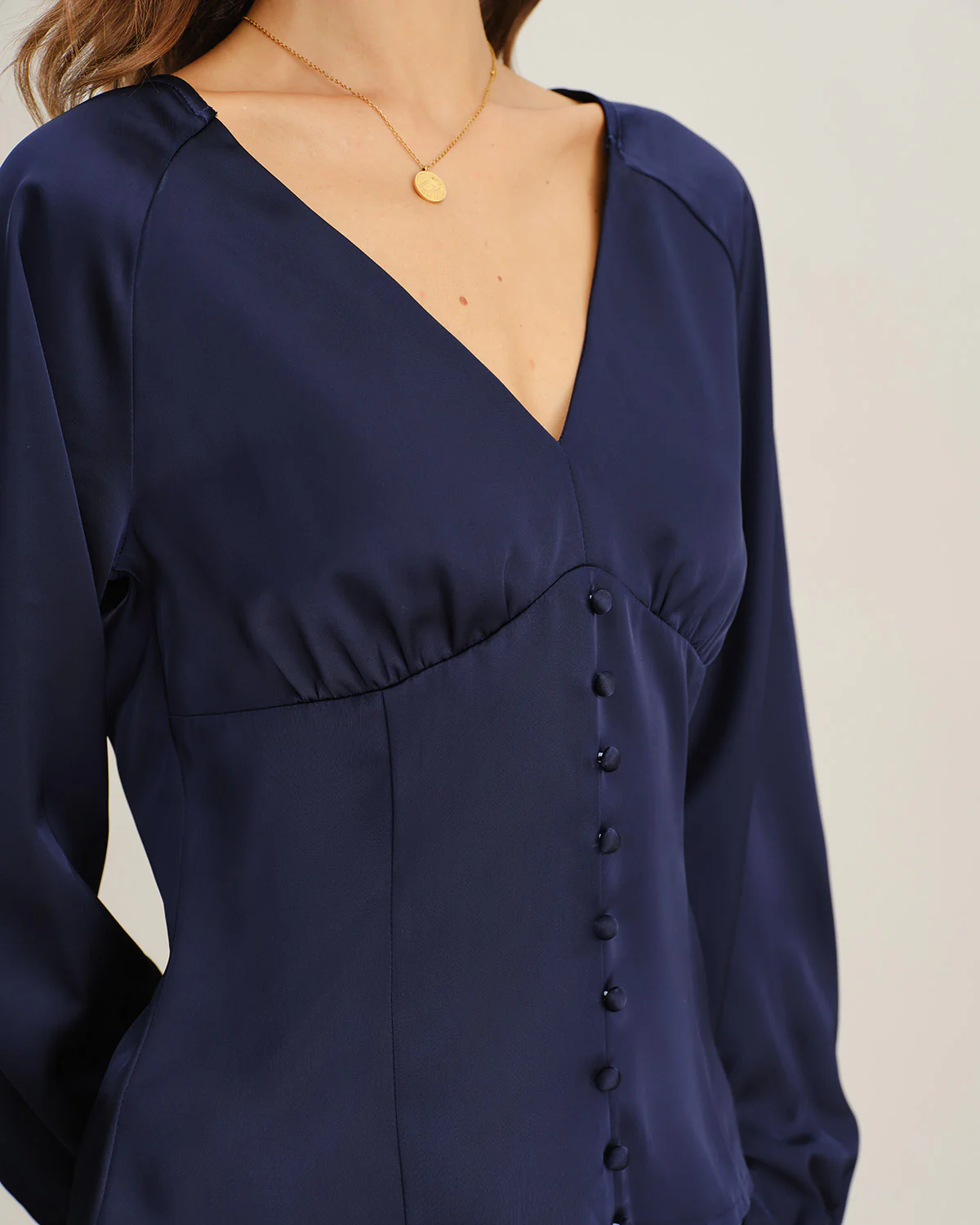 Navy Satin V Neck Ruched Blouse
