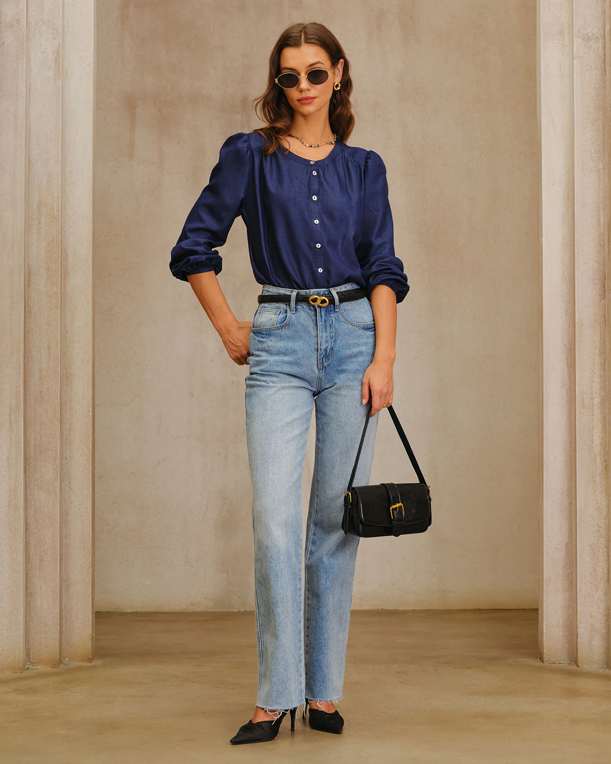 Navy Round Neck Puffed Sleeve Blouse