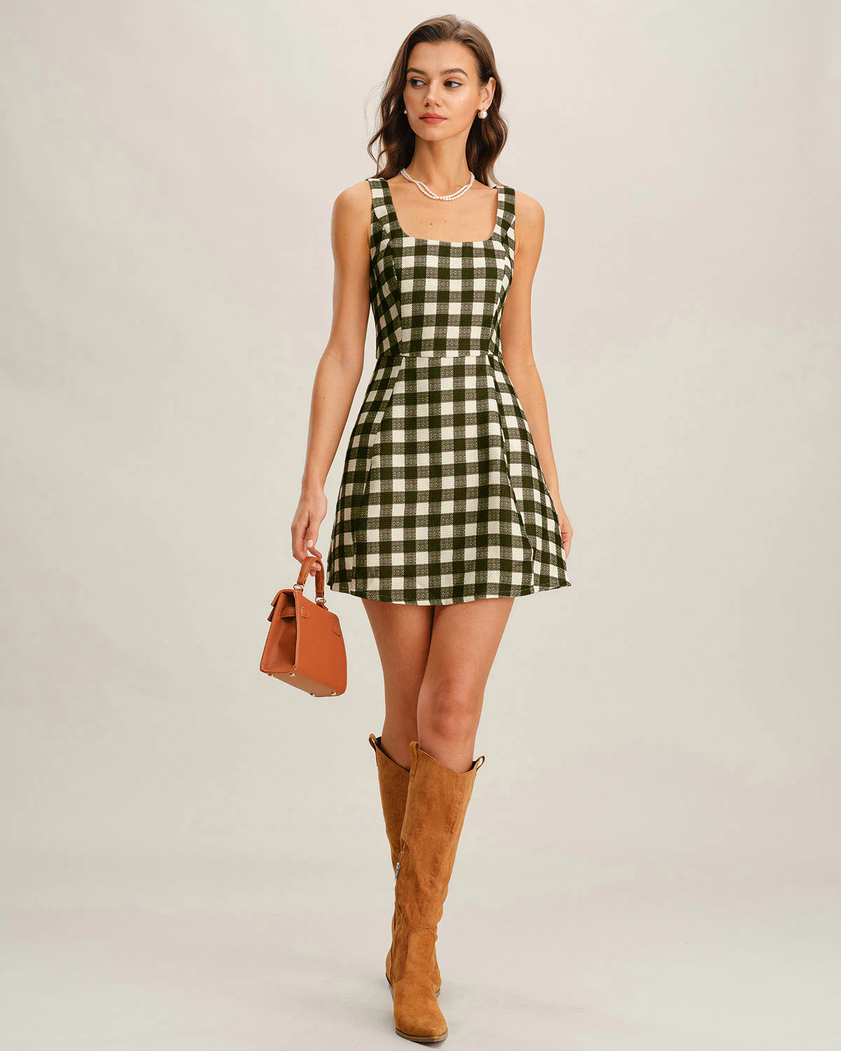 Green Plaid Sleeveless Mini Dress