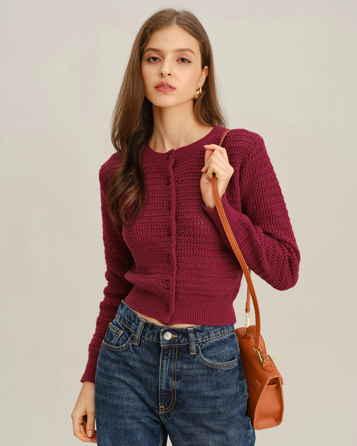 Wine Red Single Breasted Round Neck Knit Cardigan