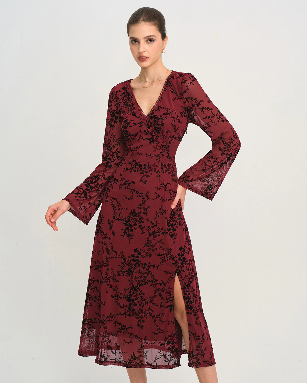 Red Floral V Neck Bell Sleeve Midi Dress