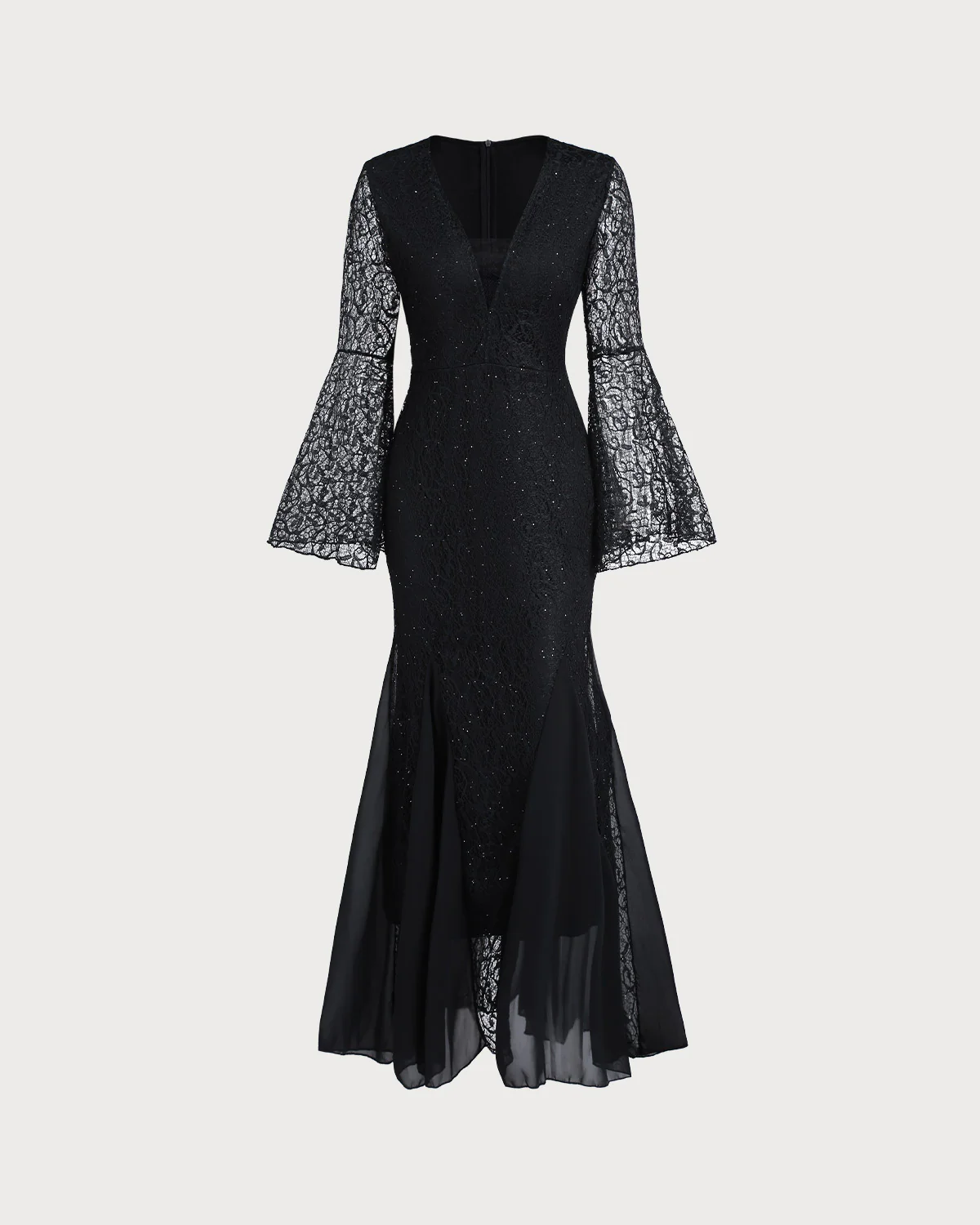 Black Lace Bell Sleeve Maxi Dress
