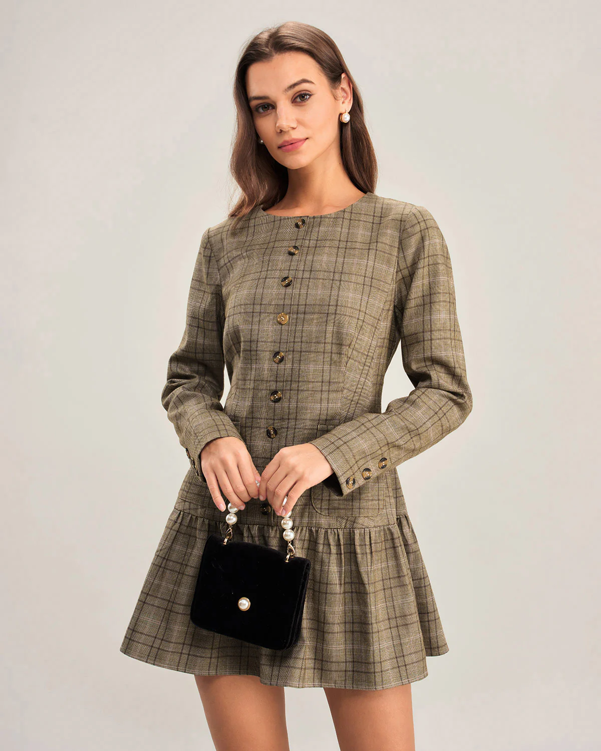 Khaki Plaid A-Line Pleated Mini Dress