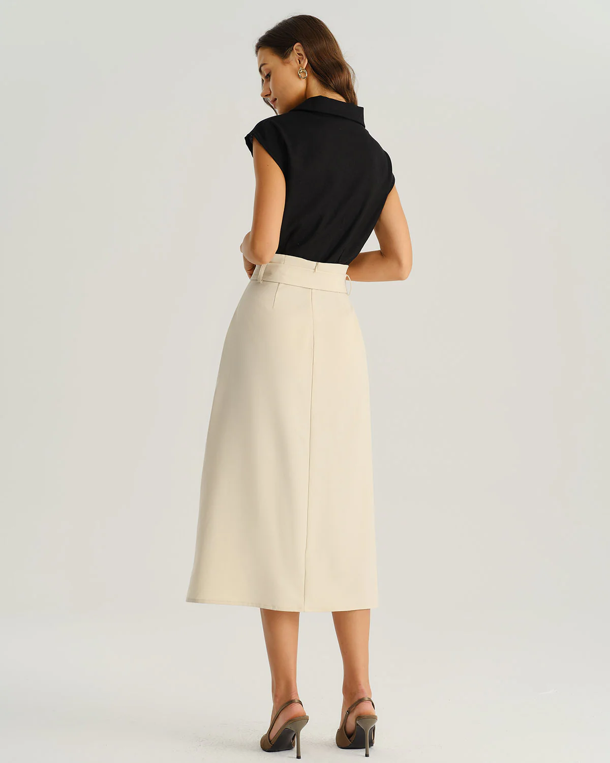 Beige Wrap Belted Midi Skirt