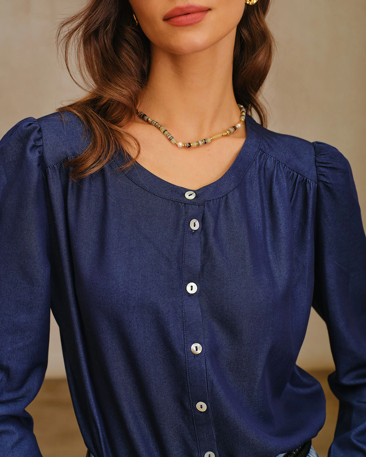 Navy Round Neck Puffed Sleeve Blouse