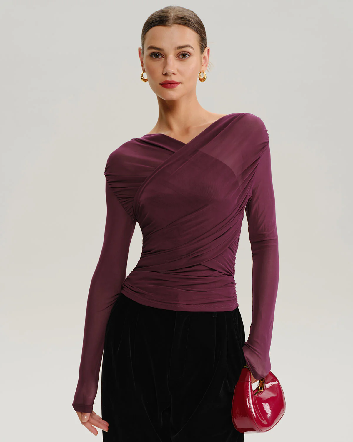 Wine Red V Neck Slim Mesh Tee