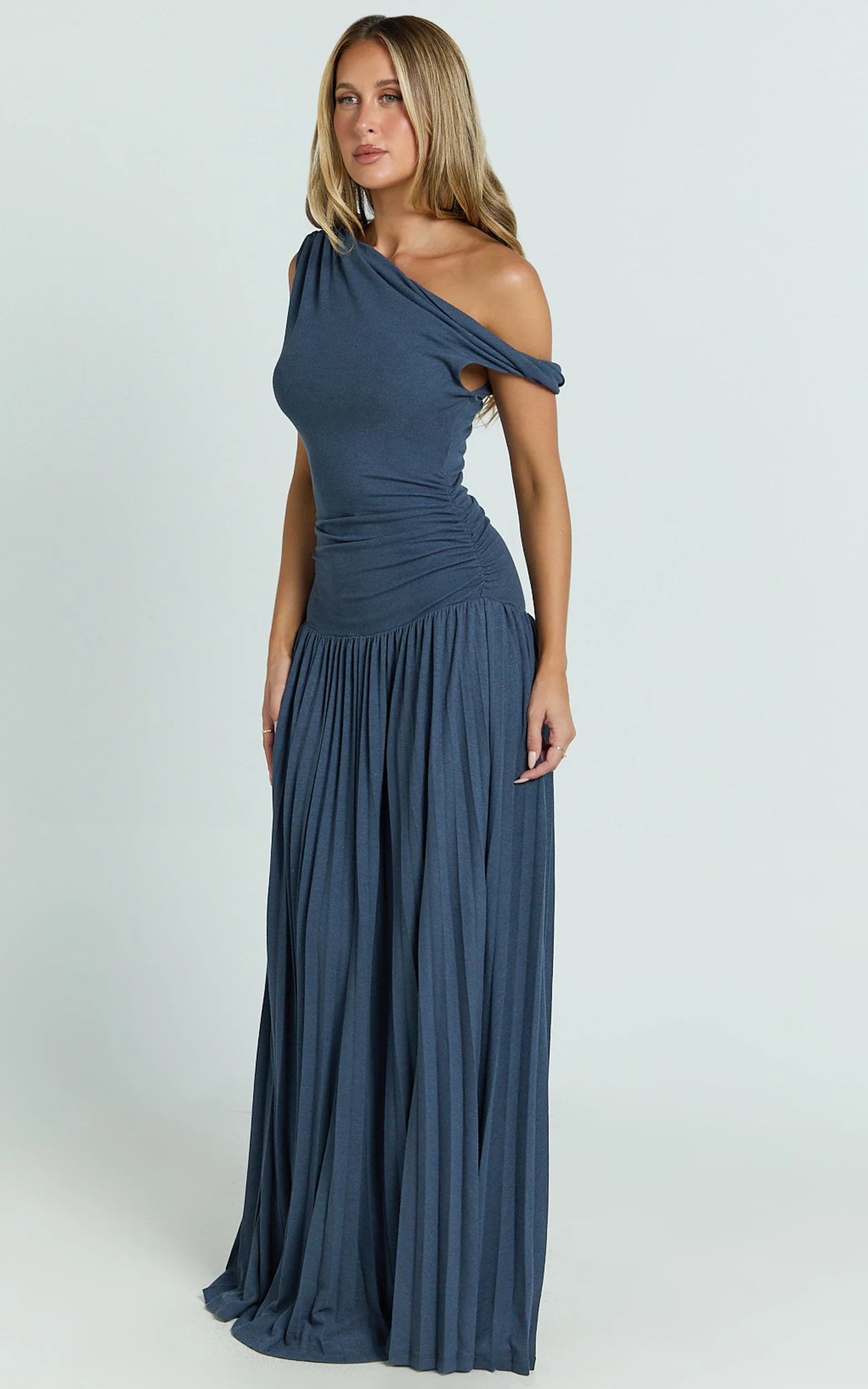 Yvonne Maxi Dress - Pleat Skirt Tip Shoulder Ruched Dress in Navy