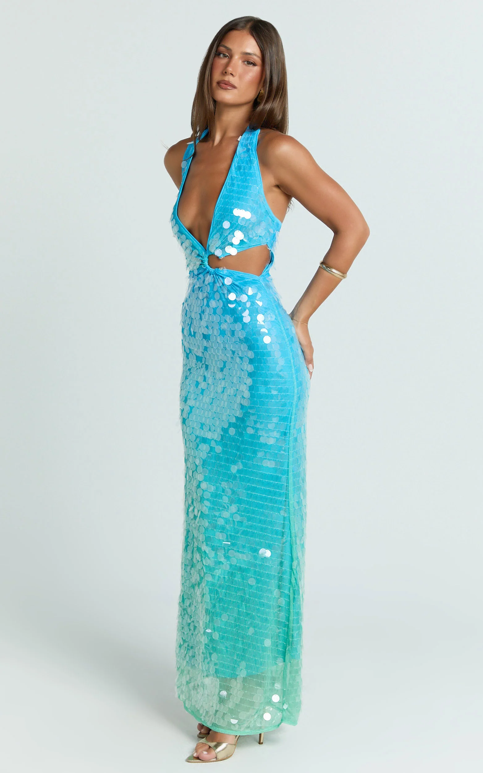 Savanna Maxi Dress - Ombre Sequin Halter Dress in Aqua