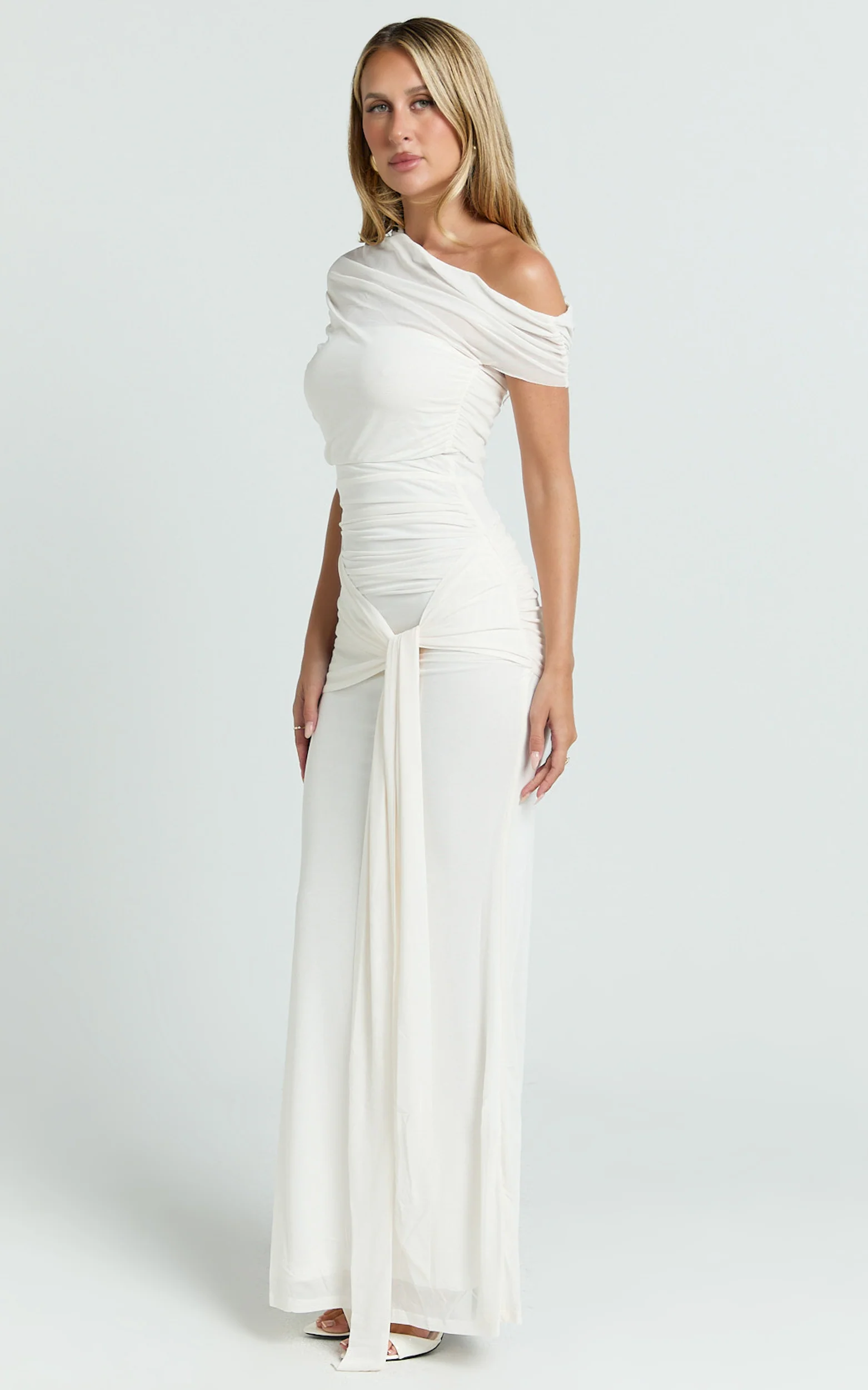 Nicolette Maxi Dress - Cape Sleeve Off Shoulder Dress in Cream