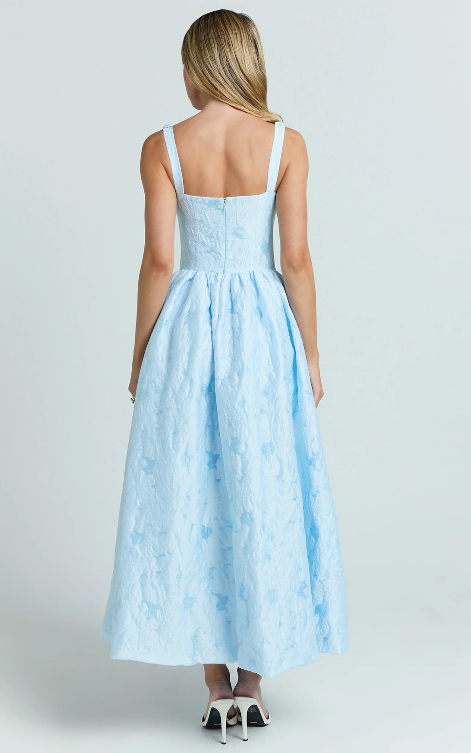 Posie Midi Dress - Jacquard Fit And Flare Dress in Blue