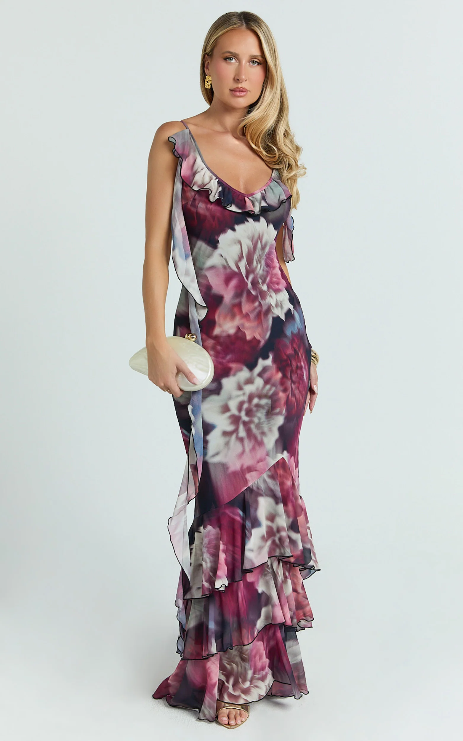 Riley Maxi Dress - Asymmetric Ruffle Detail Maxi Dress in Mariache Rose