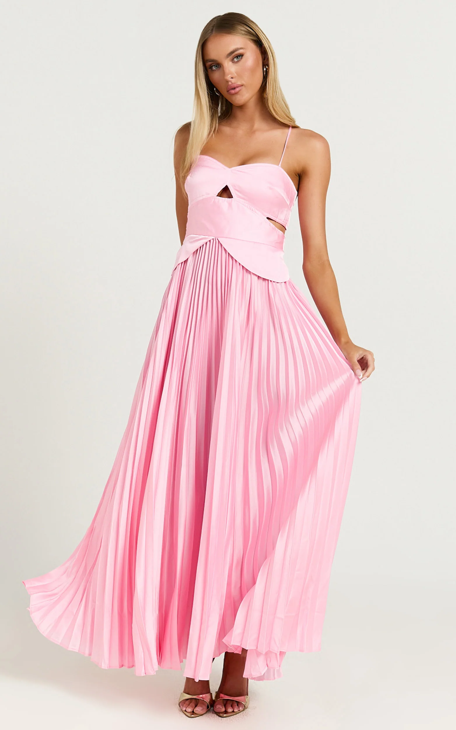 Shay Maxi Dress - Sweetheart Cut Out Pleated Dress in Pink