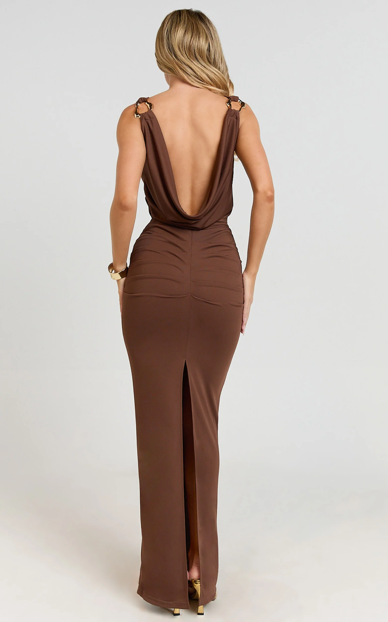 Cassidy Maxi Dress - Jersey Plunge Hardware Shoulder Trim Bodycon Dress in Chocolate