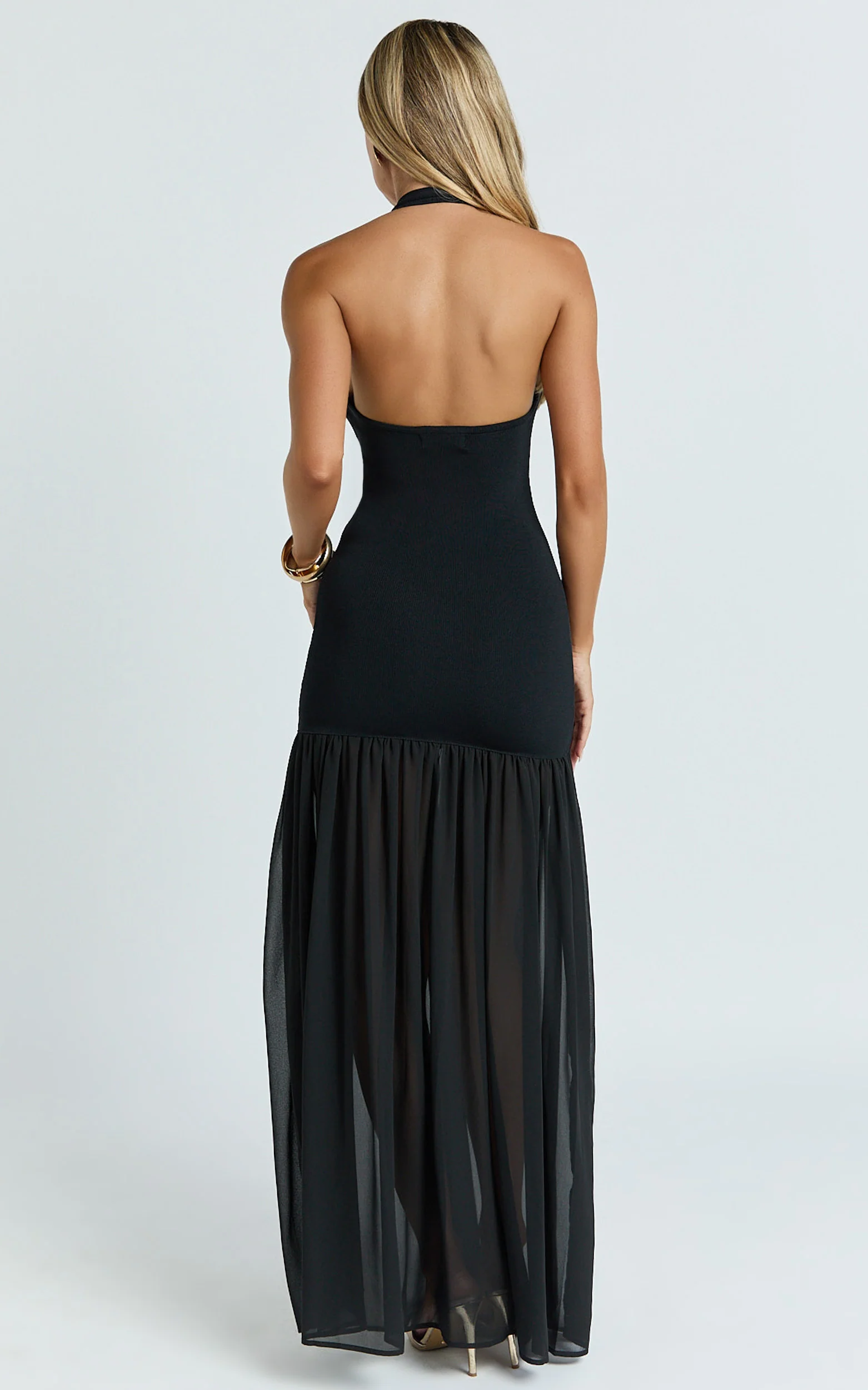 Barbara Maxi Dress - Halter Scoop Neck Contrast Georgette Dress in Black