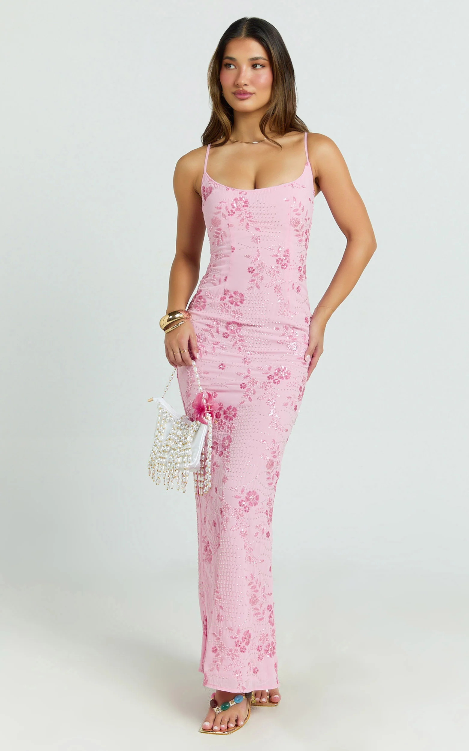 Shari Maxi Dress - Strappy Scoop Neck Column Fitted Sequin Mesh Dress in Pink