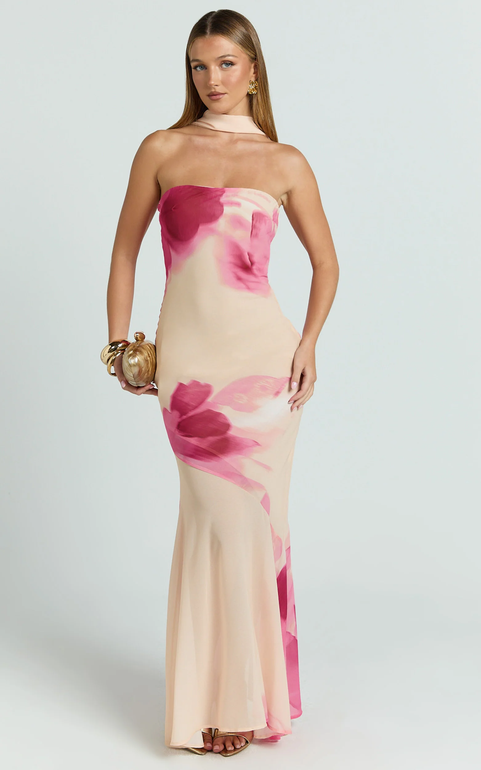 Angie Maxi Dress - Strapless Bias Column Dress with Scarf in Electric Bloom Lemon