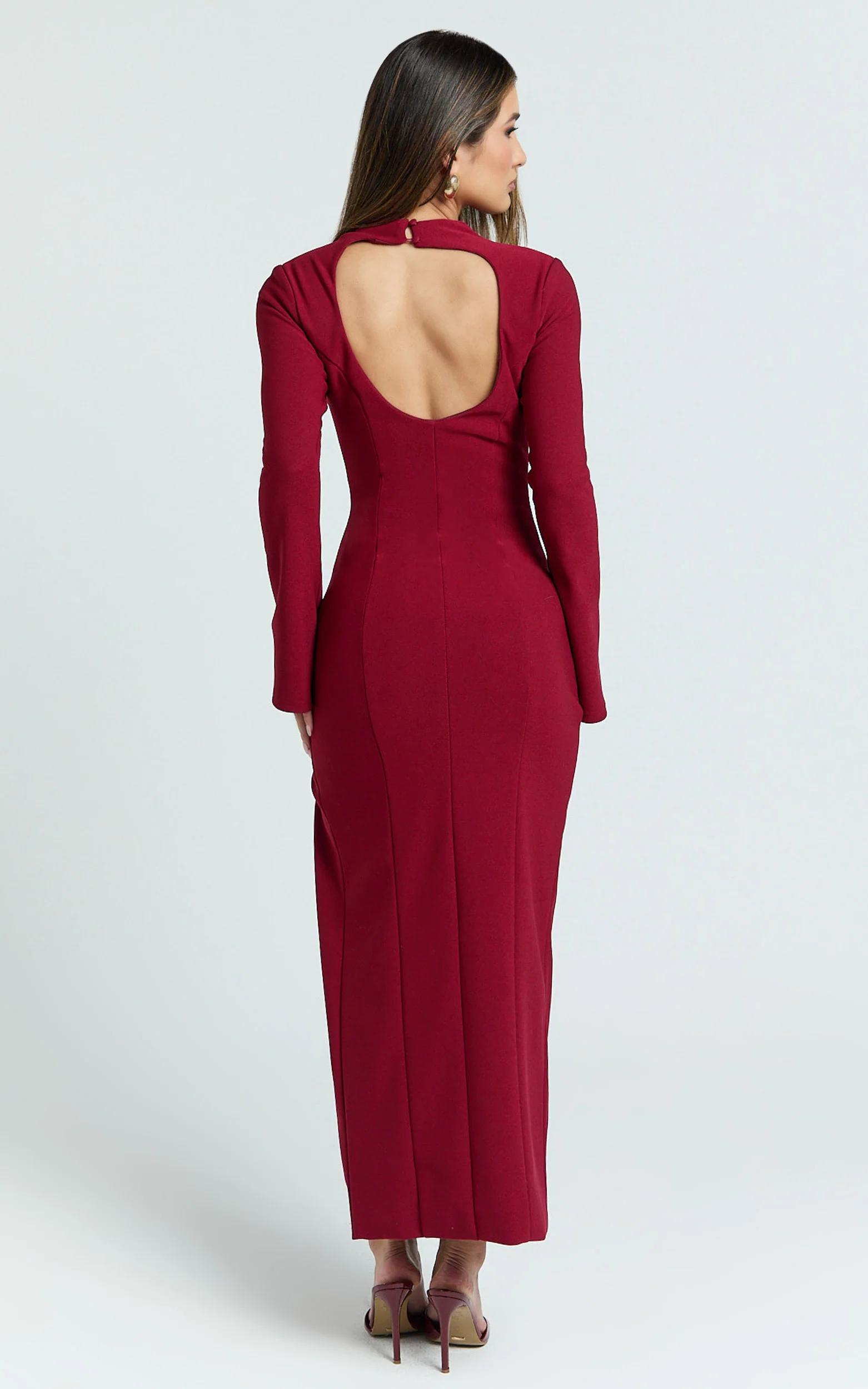 Finley Midi Dress - High Neck Long Sleeve Leg Split Bodycon Dress in Burgundy