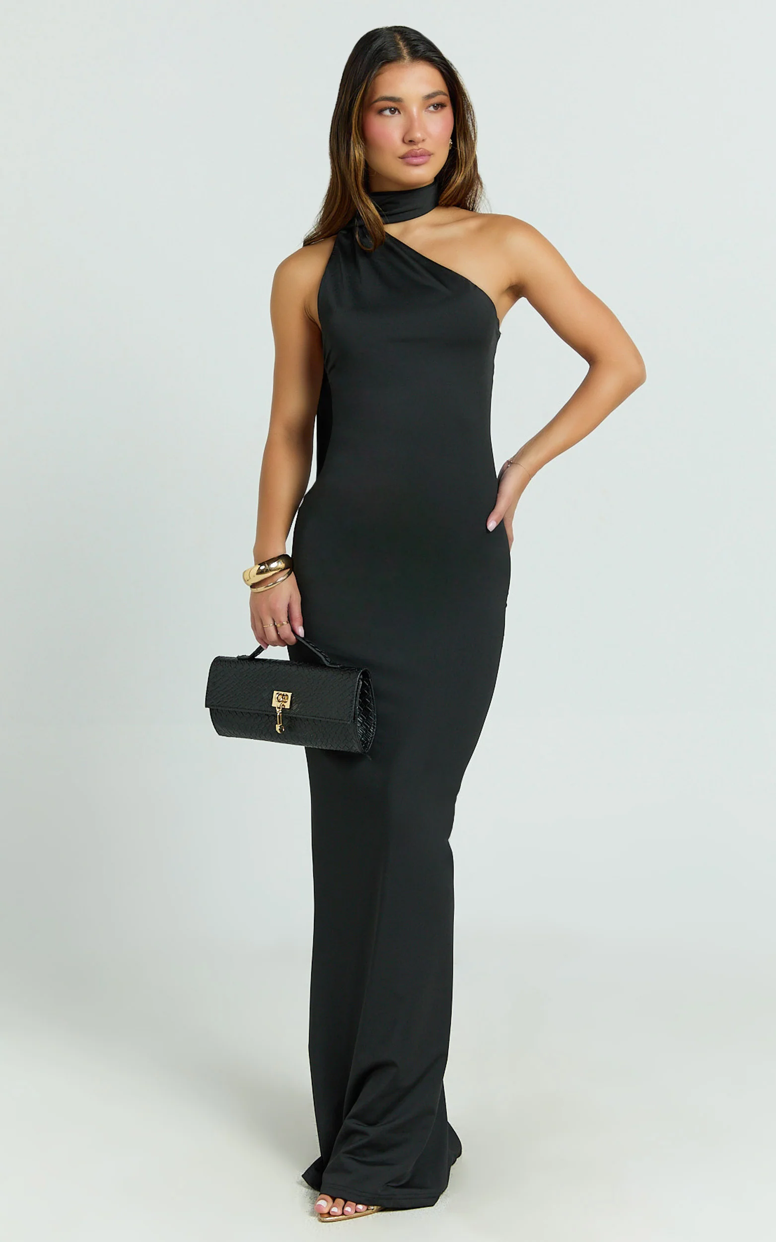 Seraphine Maxi Dress - Halter Neck Low Back Fit And Flare Dress in Black