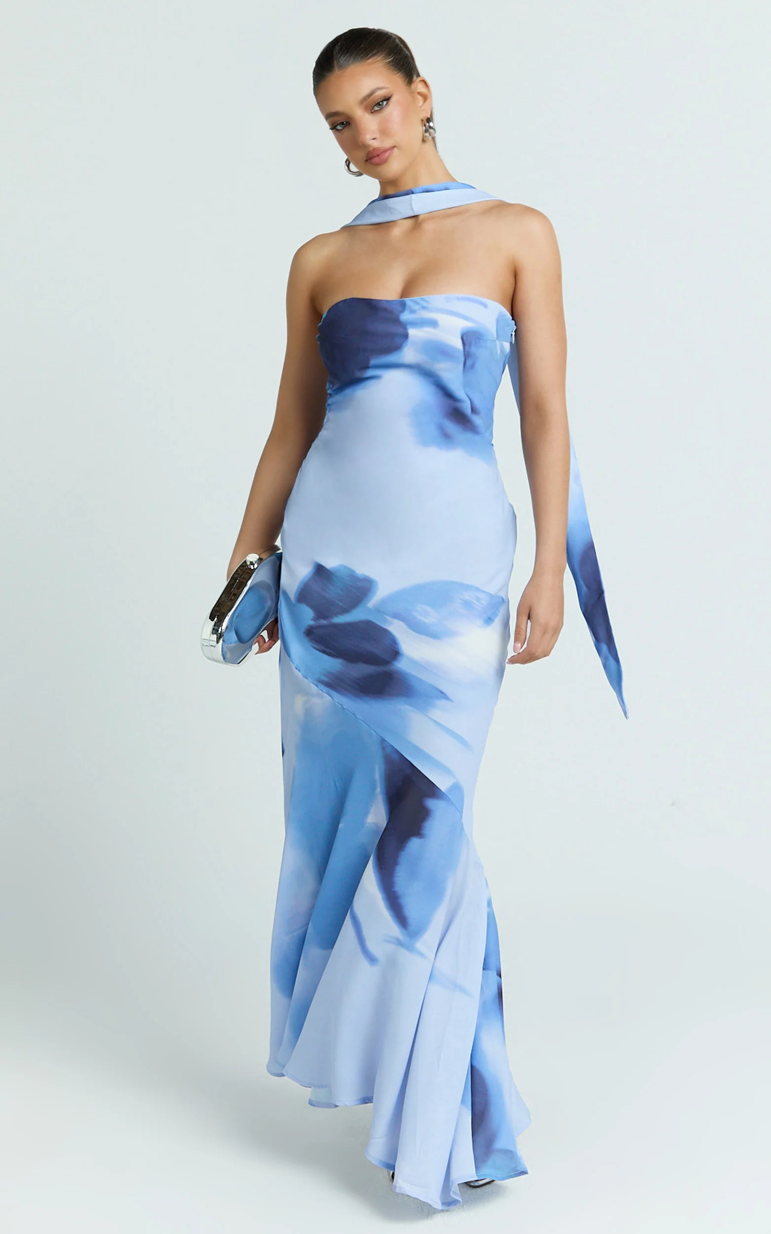 Angie Maxi Dress - Strapless Bias Column Dress with Scarf in Blue Print