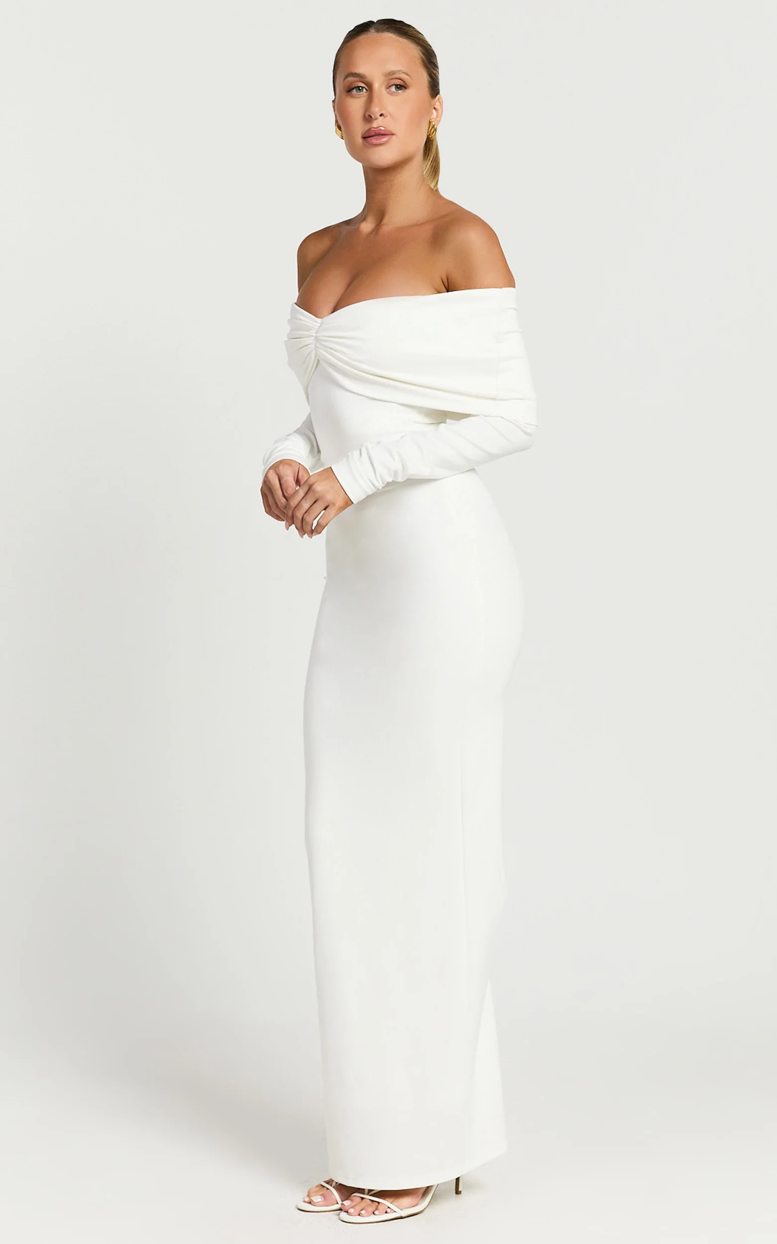 Rani Maxi Dress - Off Shoulder Long Sleeve Bodycon Dress in Off White