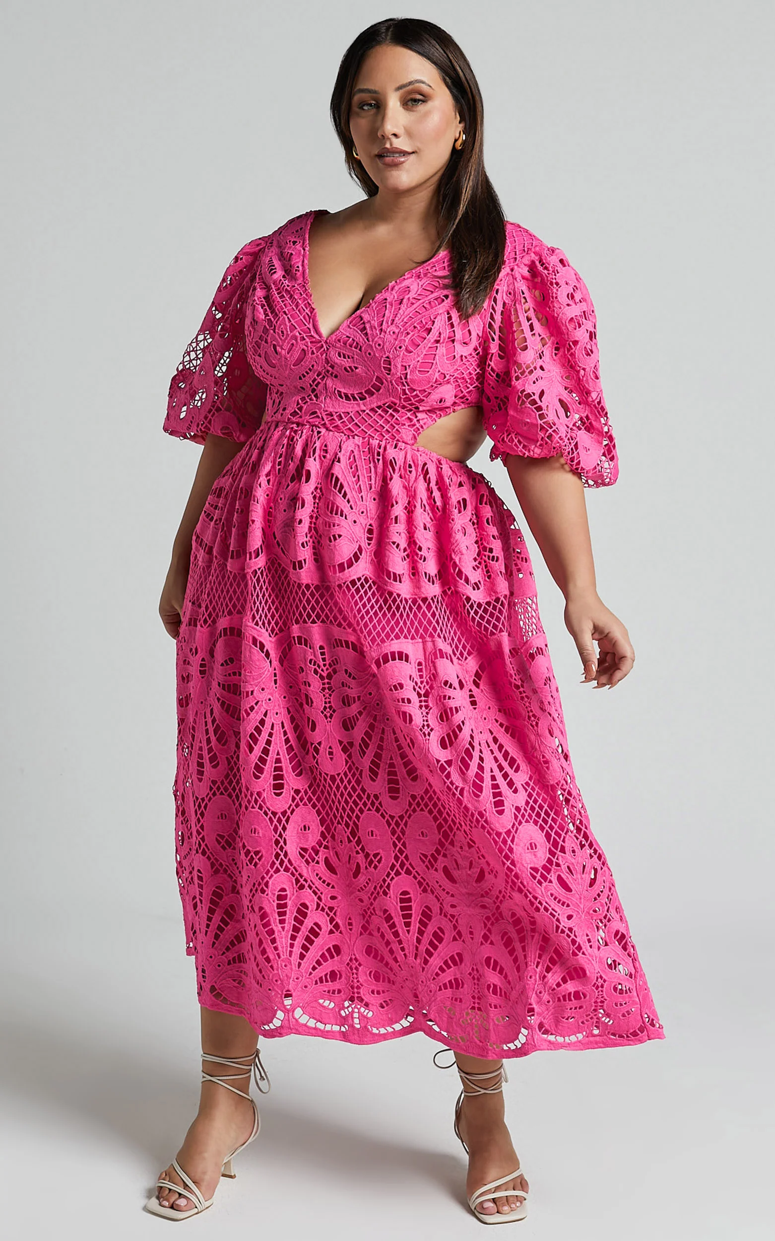Anieshaya Midi Dress - V Neck Cut Out Lace Dress in Pink