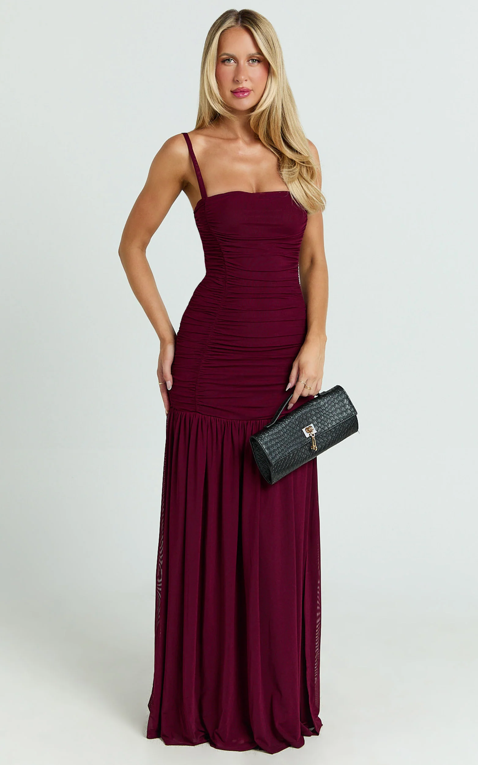 Cardi Maxi Dress - Ruched Mesh High Leg Split Dress in Wine