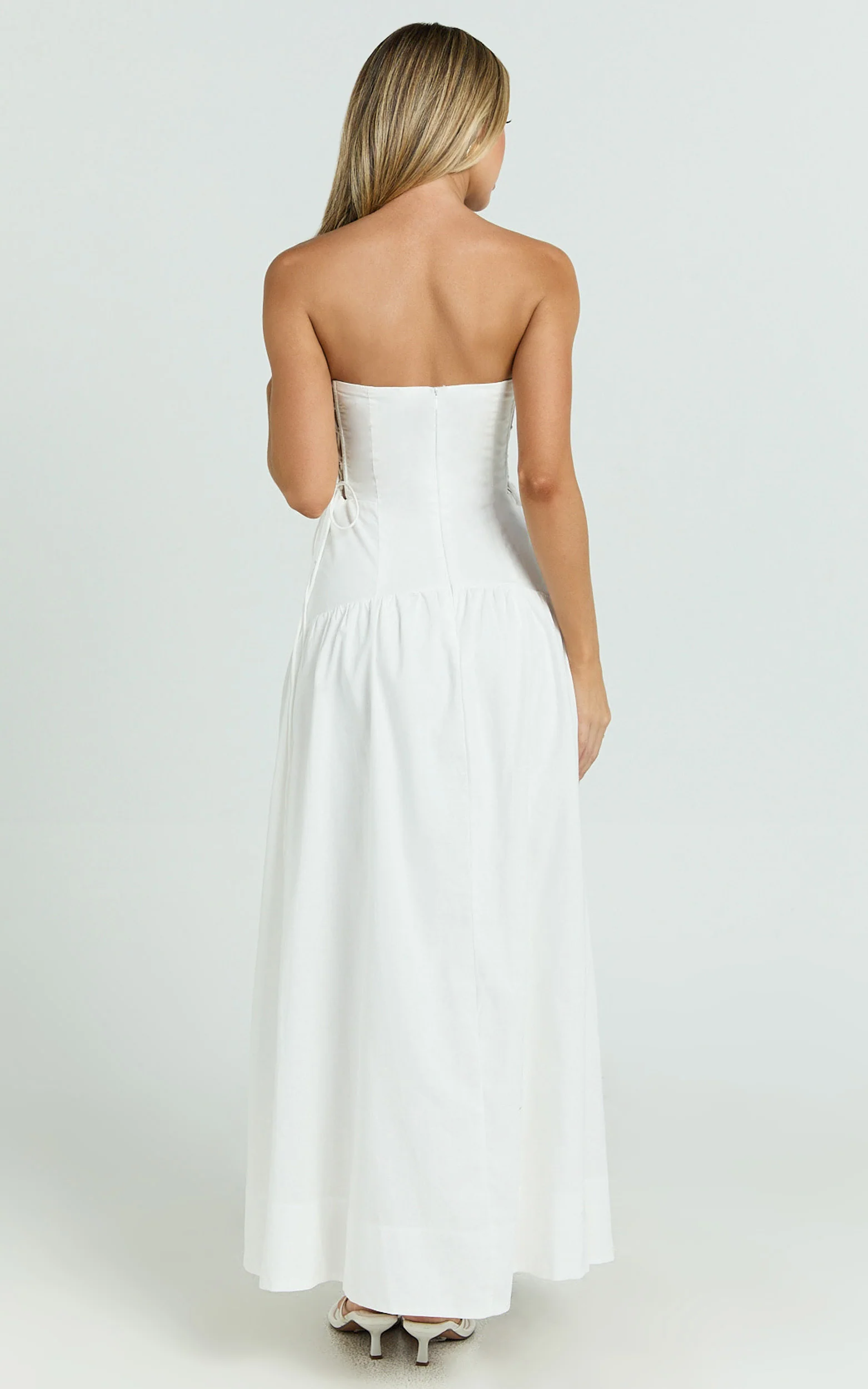Mikkie Midi Dress - Strapless Drop Waist Side Detailing Dress in White